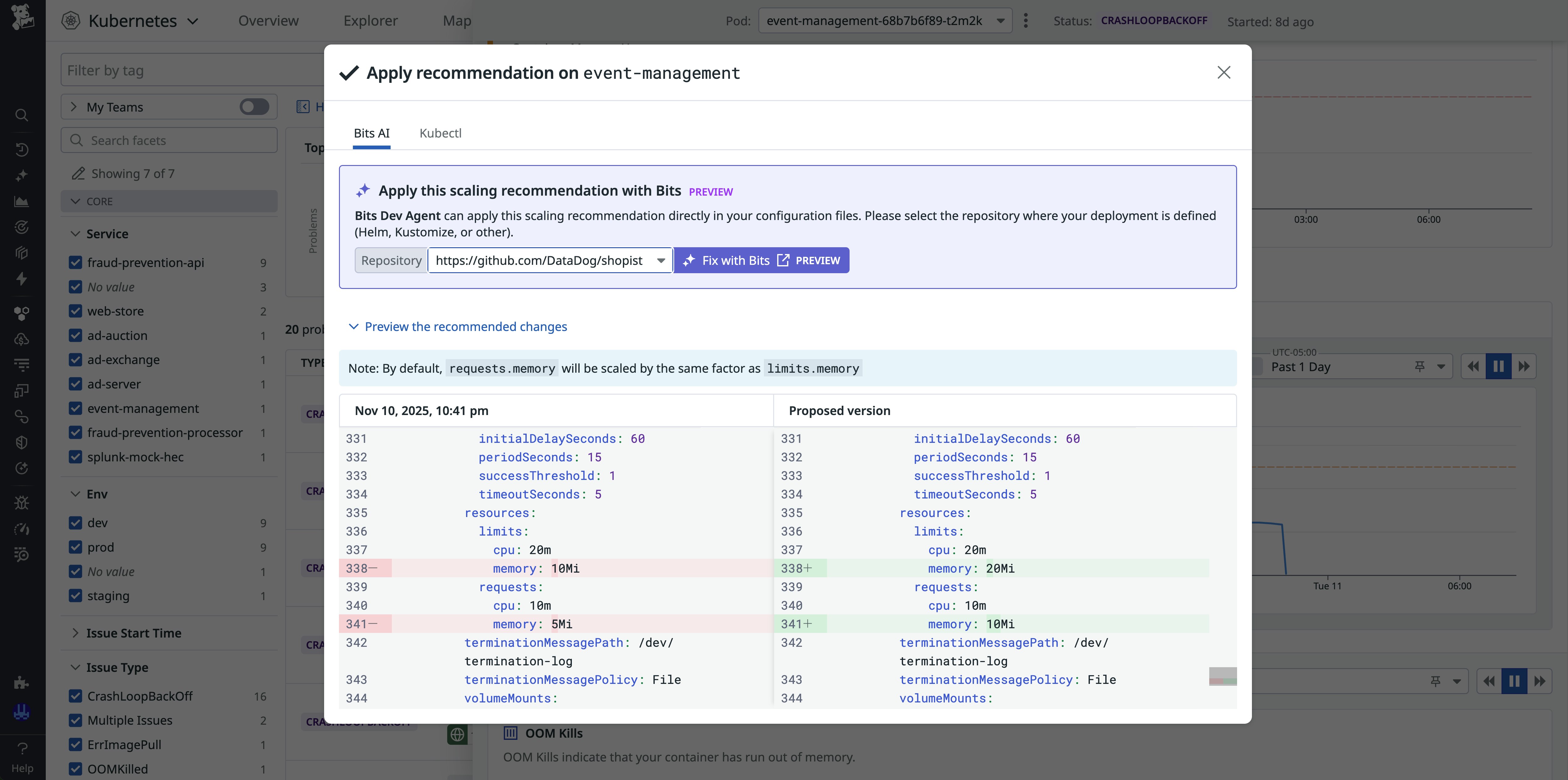 Screenshot of the preview of recommended changes, accompanied by functionality to choose your repository and apply the changes with Bits AI. Screenshot of the preview of recommended changes, accompanied by functionality to choose your repository and apply the changes with Bits AI.