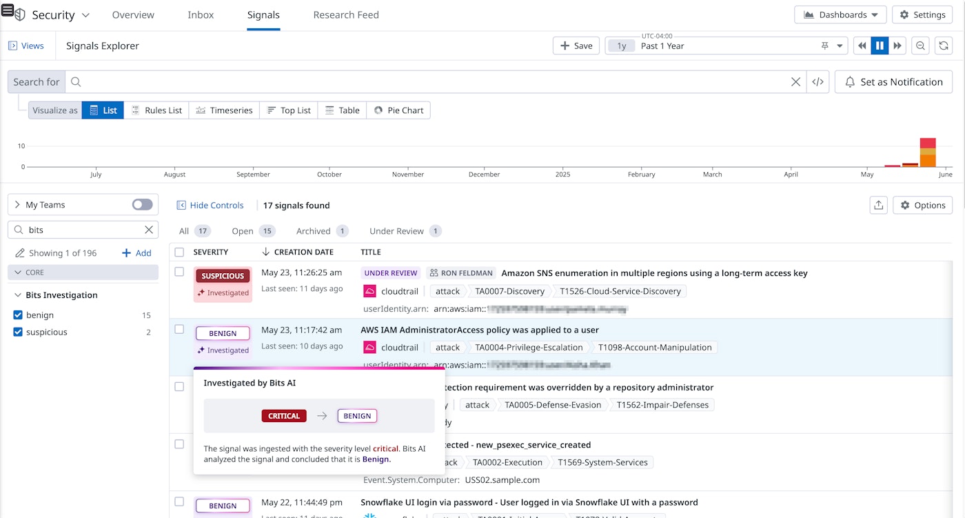 Datadog Cloud SIEM signal list showing benign and suspicious signals. Datadog Cloud SIEM signal list showing benign and suspicious signals.