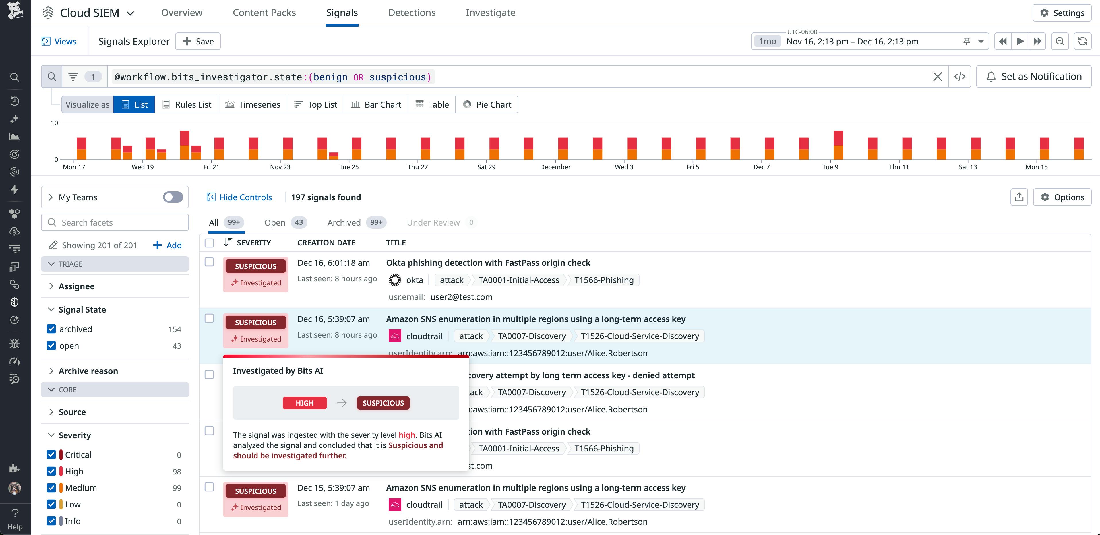 Datadog Cloud SIEM signal list showing benign and suspicious signals.