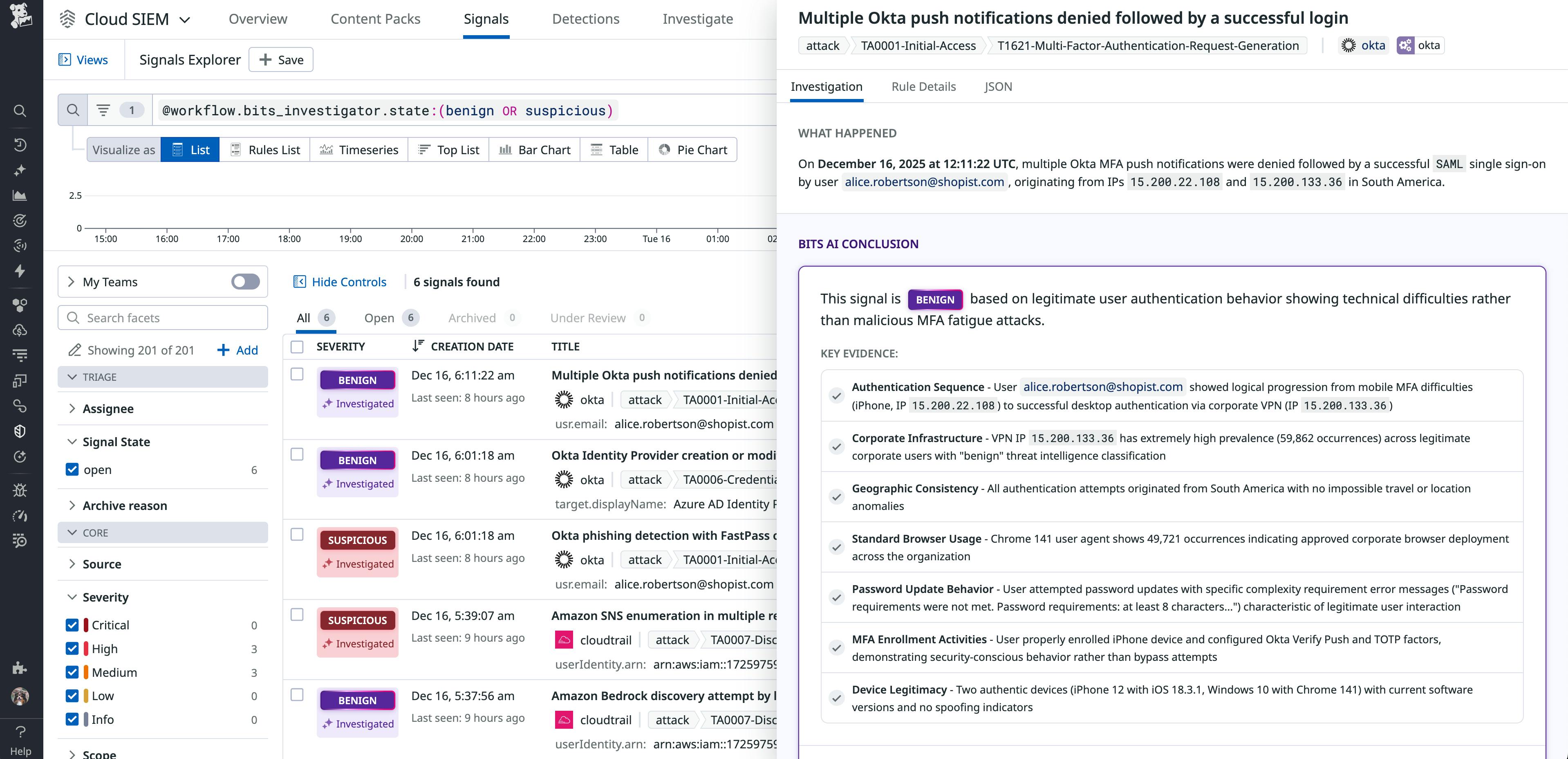 Datadog Cloud SIEM showing a benign signal.