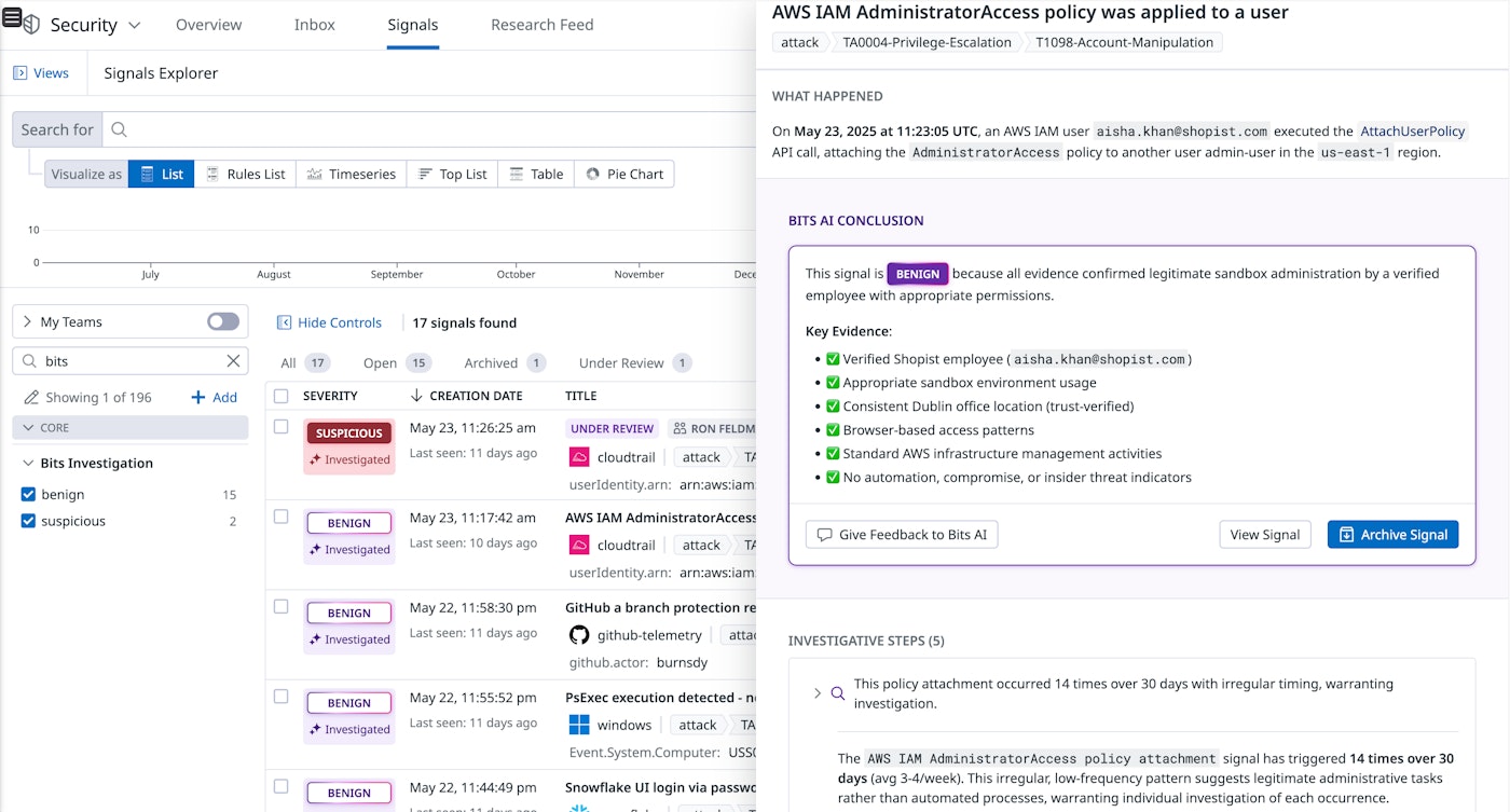 Datadog Cloud SIEM showing a benign signal. Datadog Cloud SIEM showing a benign signal.
