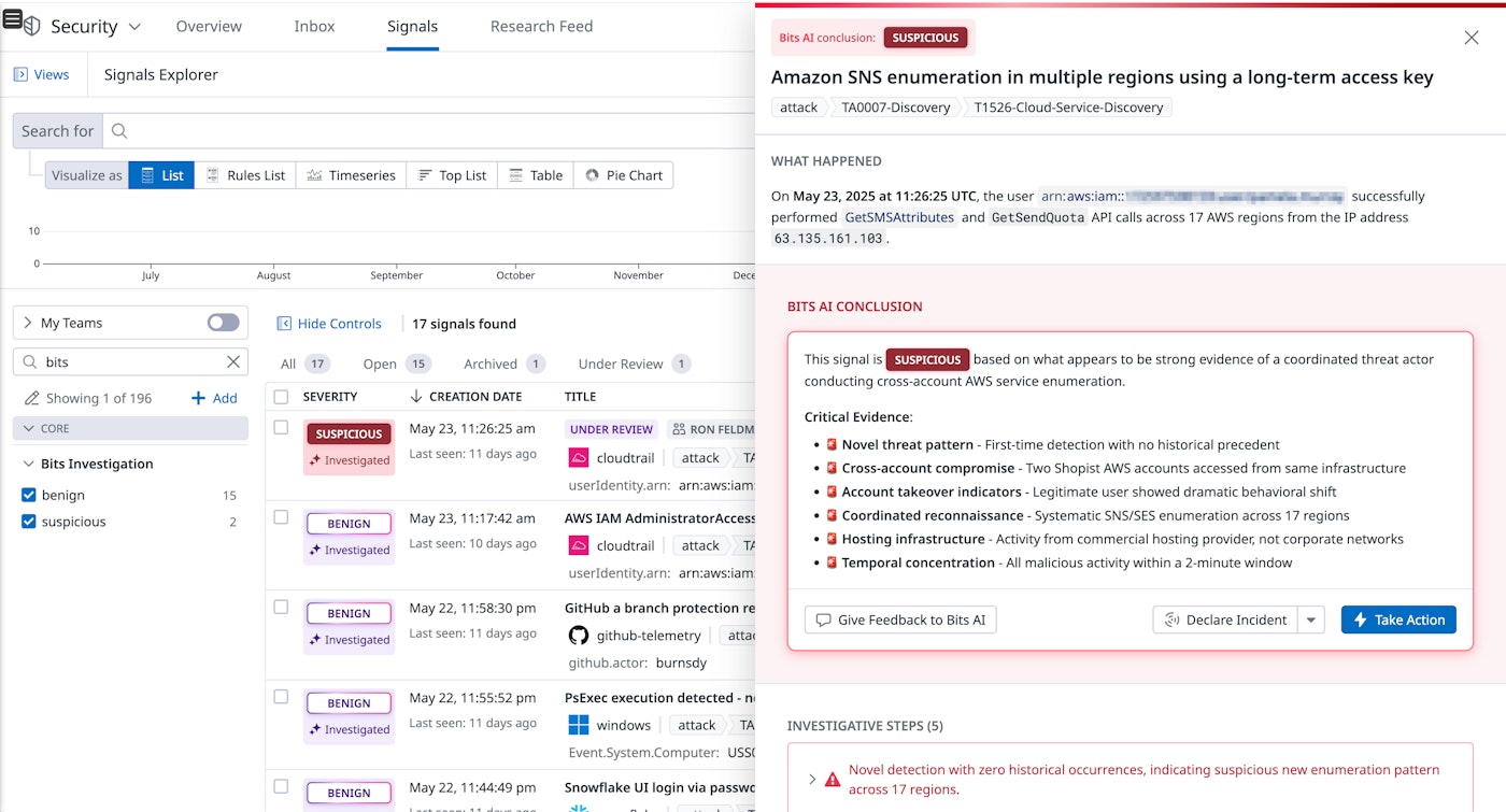 Datadog Cloud SIEM showing a suspicious signal. Datadog Cloud SIEM showing a suspicious signal.