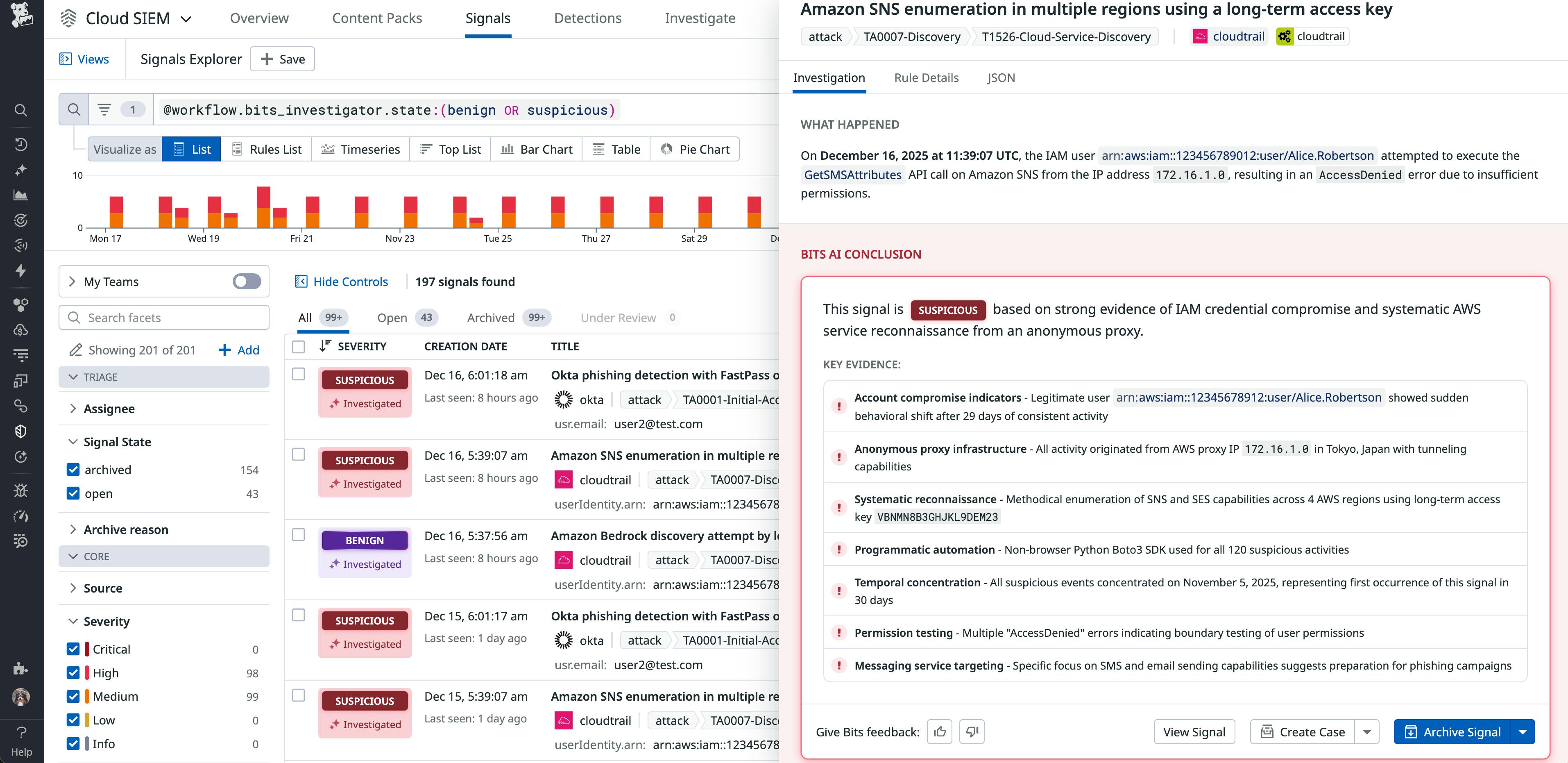 Datadog Cloud SIEM showing a suspicious signal.
