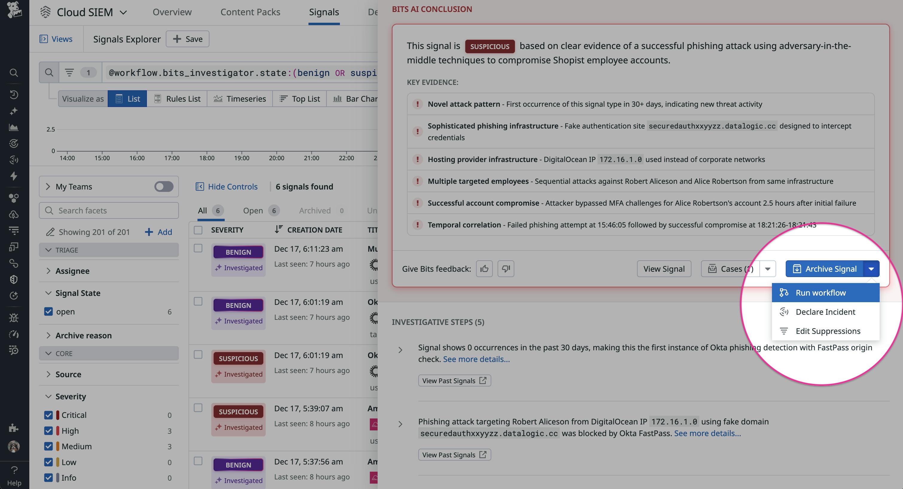 Cloud SIEM showing actions you can take on a signal.