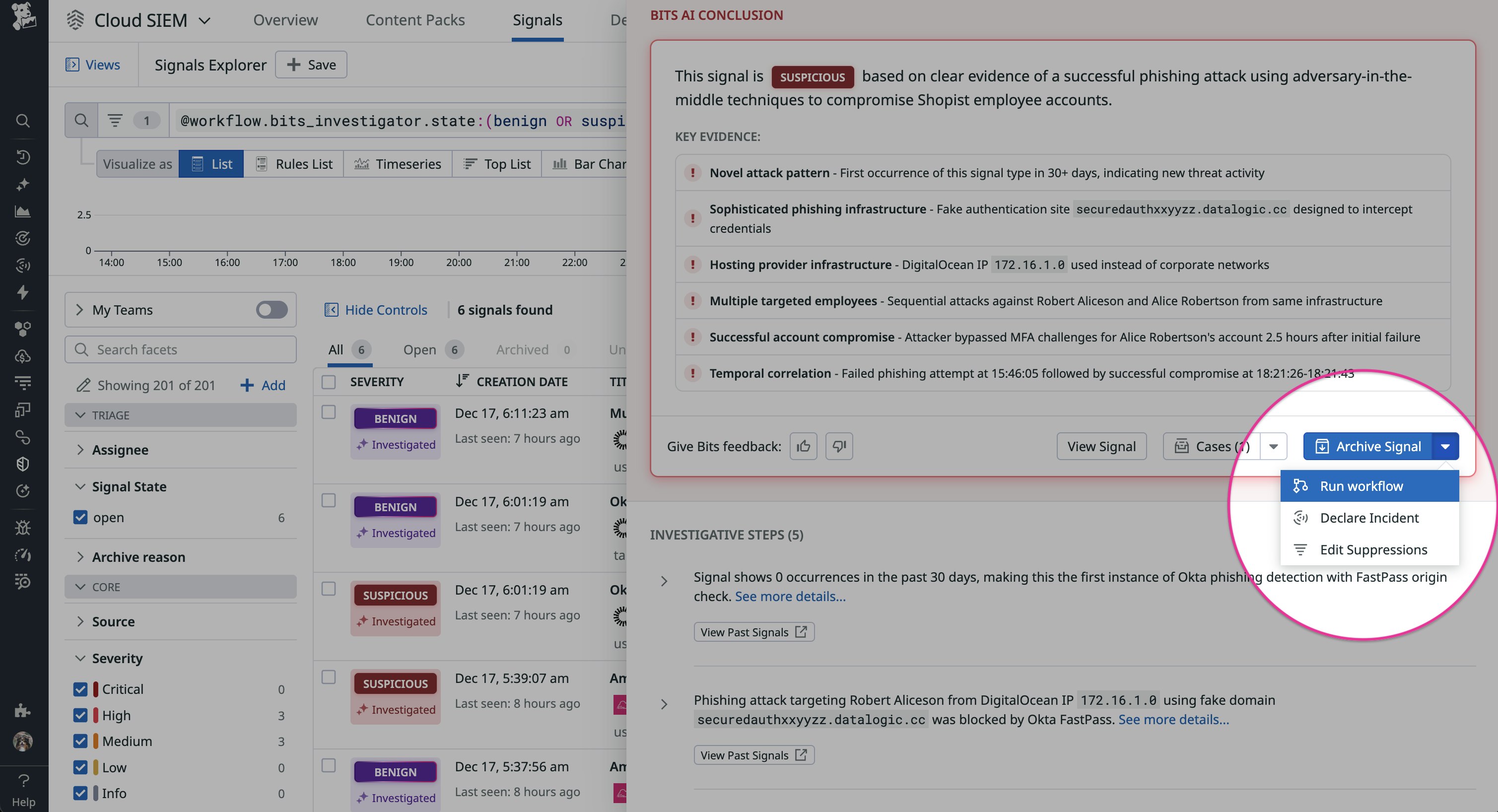 Cloud SIEM showing actions you can take on a signal. Cloud SIEM showing actions you can take on a signal.