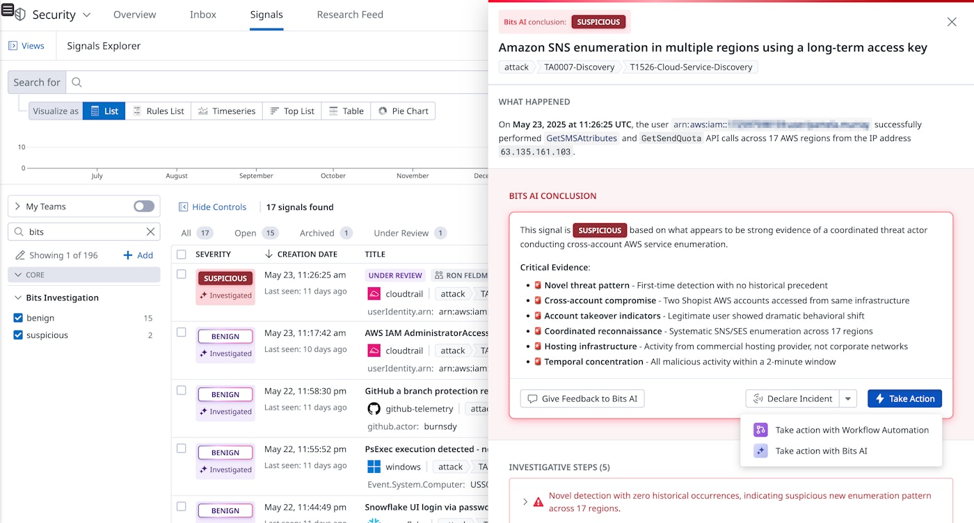 Cloud SIEM showing actions you can take on a signal. Cloud SIEM showing actions you can take on a signal.