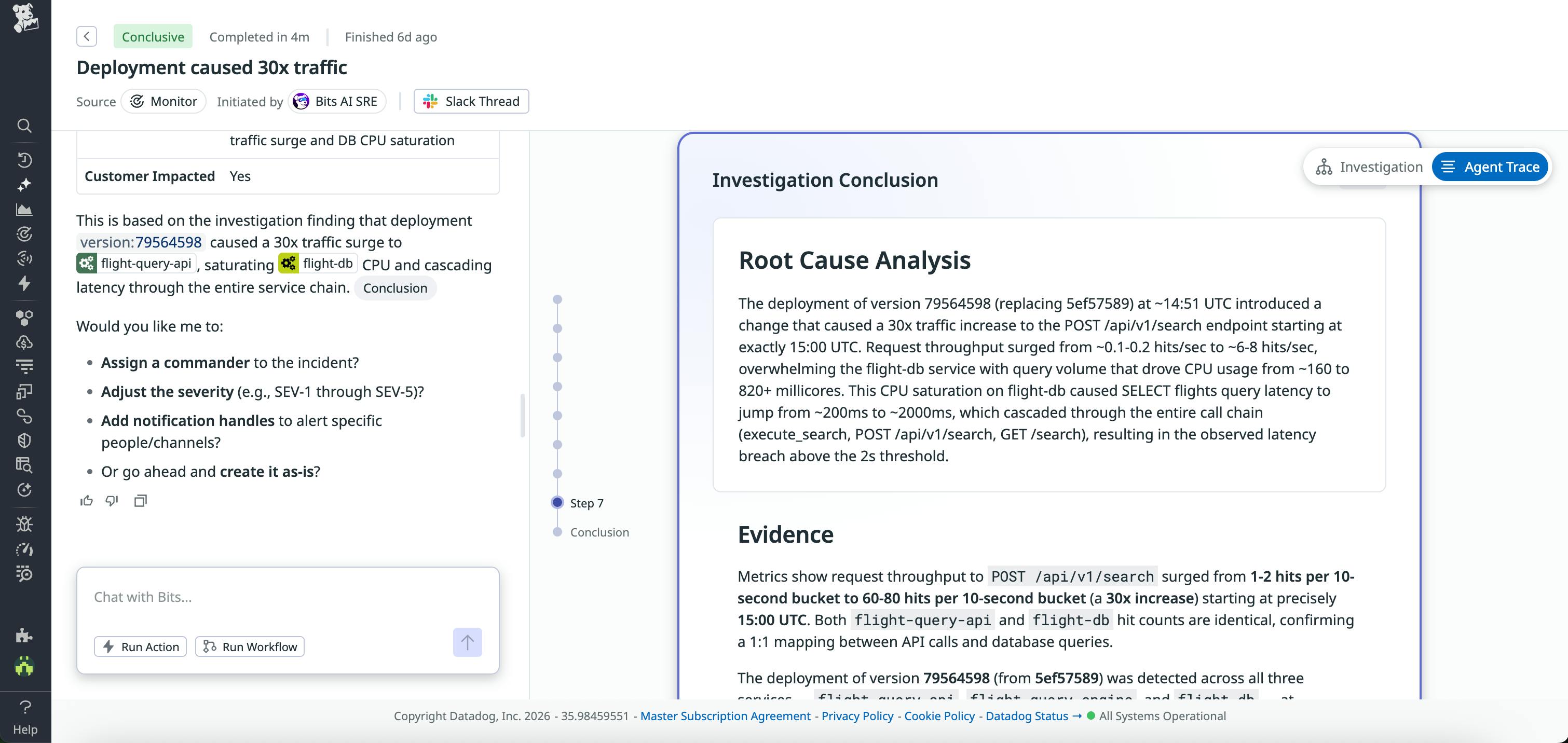 Screenshot of the Agent Trace view that includes the root cause analysis and evidence from the investigation by Bits AI SRE.