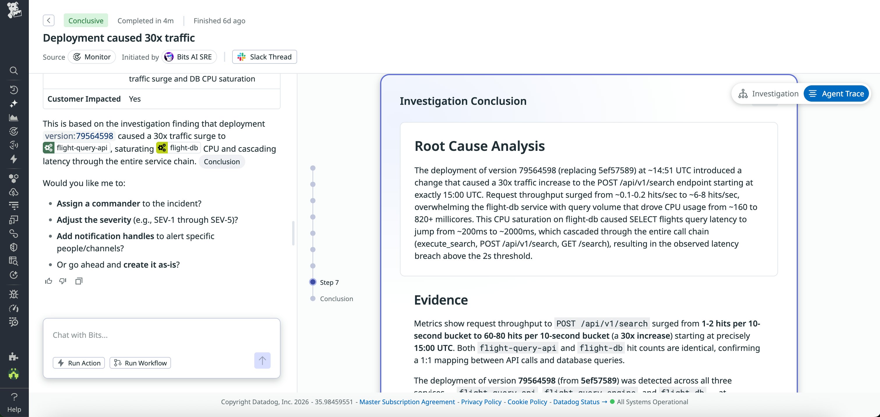 Screenshot of the Agent Trace view that includes the root cause analysis and evidence from the investigation by Bits AI SRE. Screenshot of the Agent Trace view that includes the root cause analysis and evidence from the investigation by Bits AI SRE.