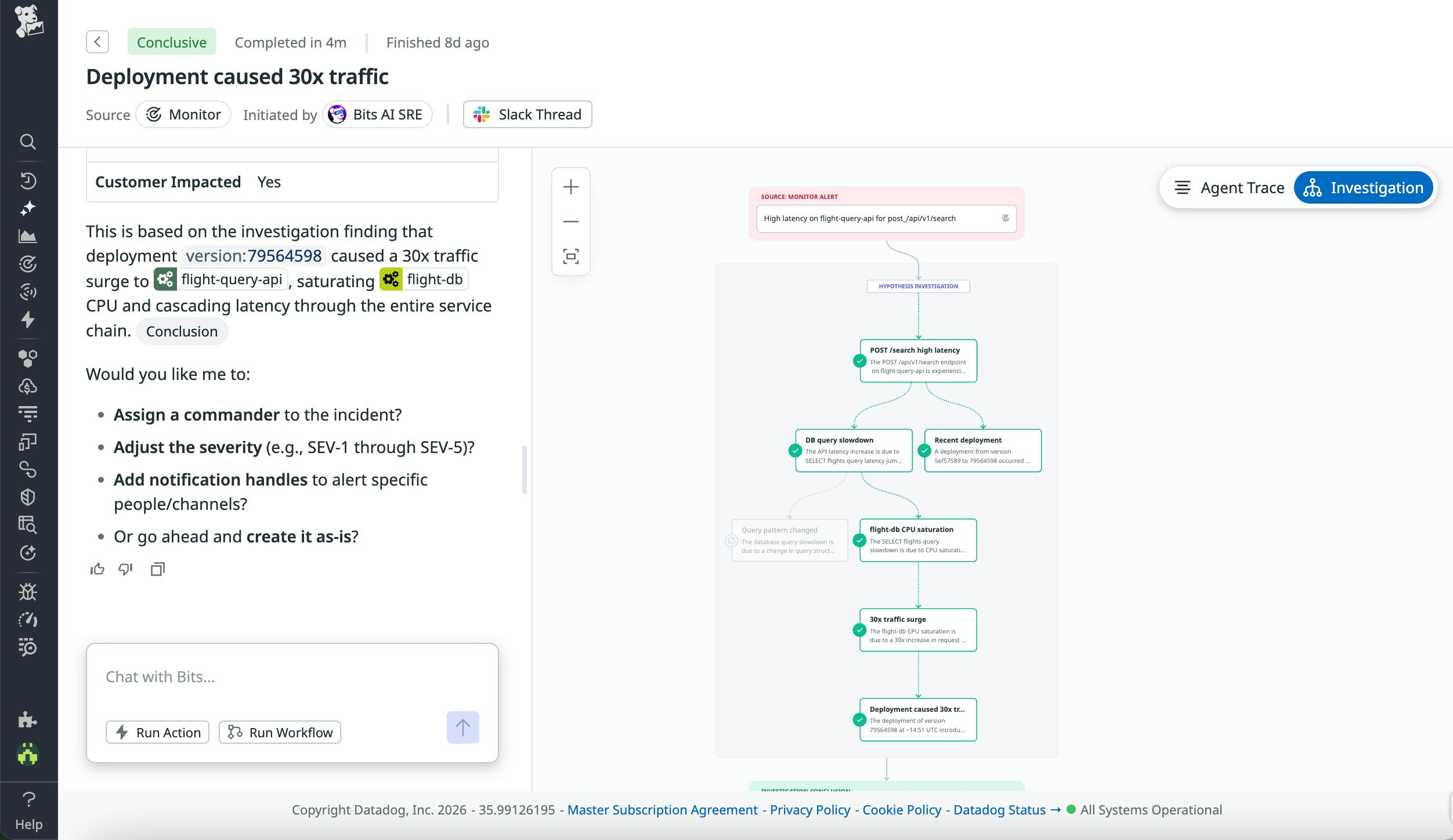 Screenshot that shows a chat with Bits AI SRE, in addition to a hypothesis tree that shows the agent’s reasoning as it explores high latency.