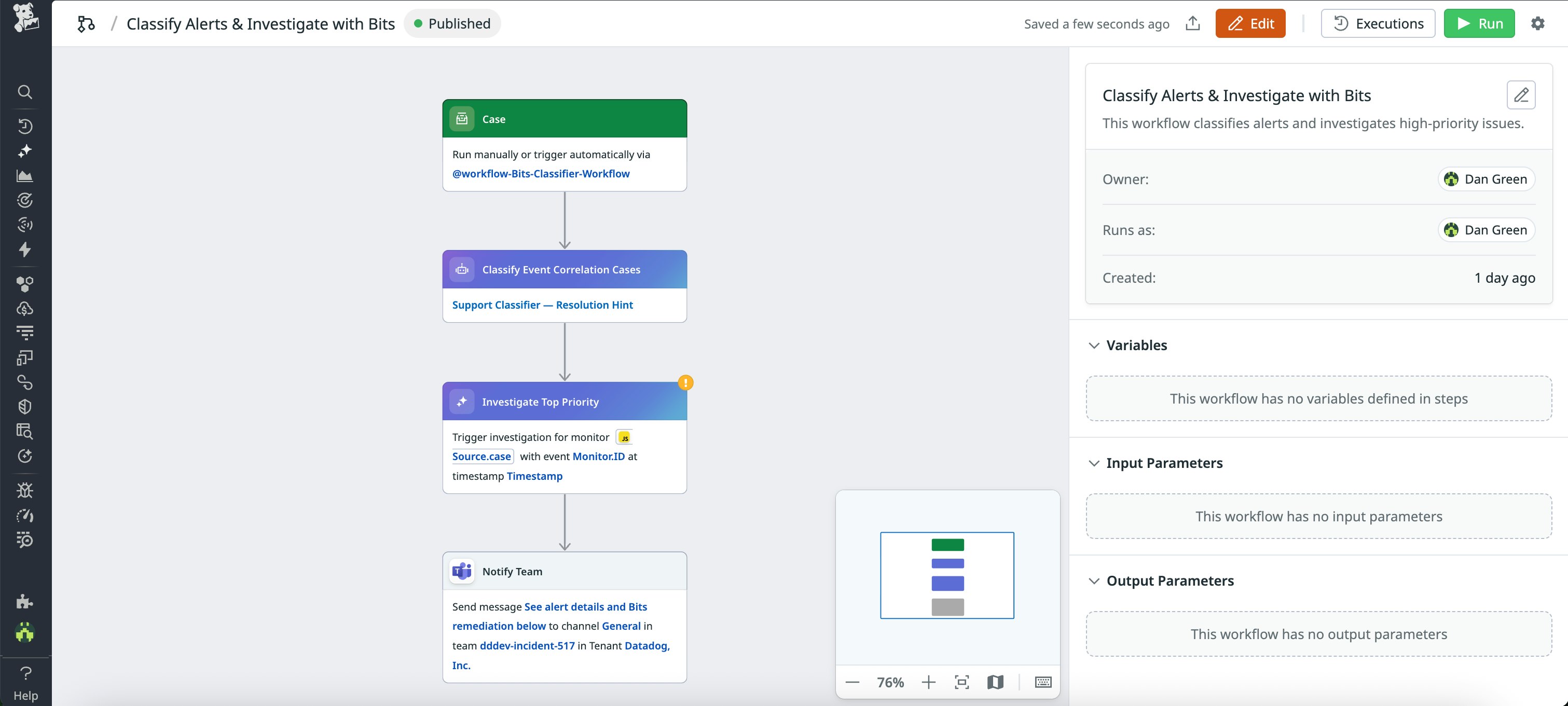 Screenshot of a workflow that includes steps to classify events, conduct investigations, and notify team members. Screenshot of a workflow that includes steps to classify events, conduct investigations, and notify team members.
