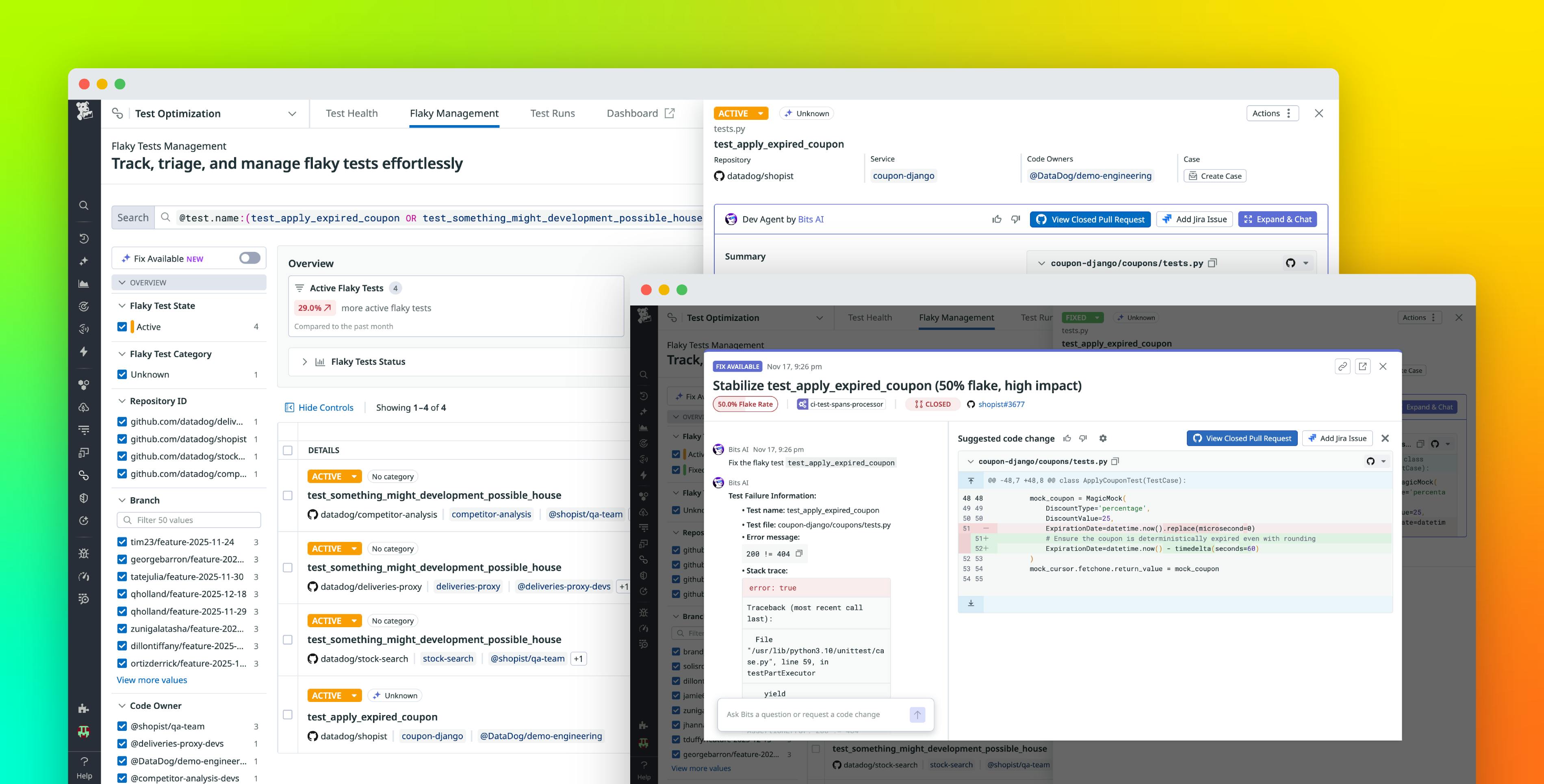 Automate flaky test fixes with the Bits AI Dev Agent and Test Optimization