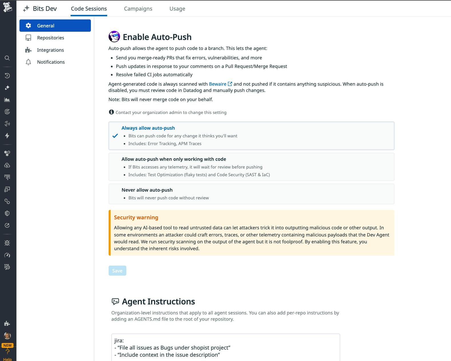 A screenshot showing the settings to enable auto-push for Bits AI Dev Agent PRs.