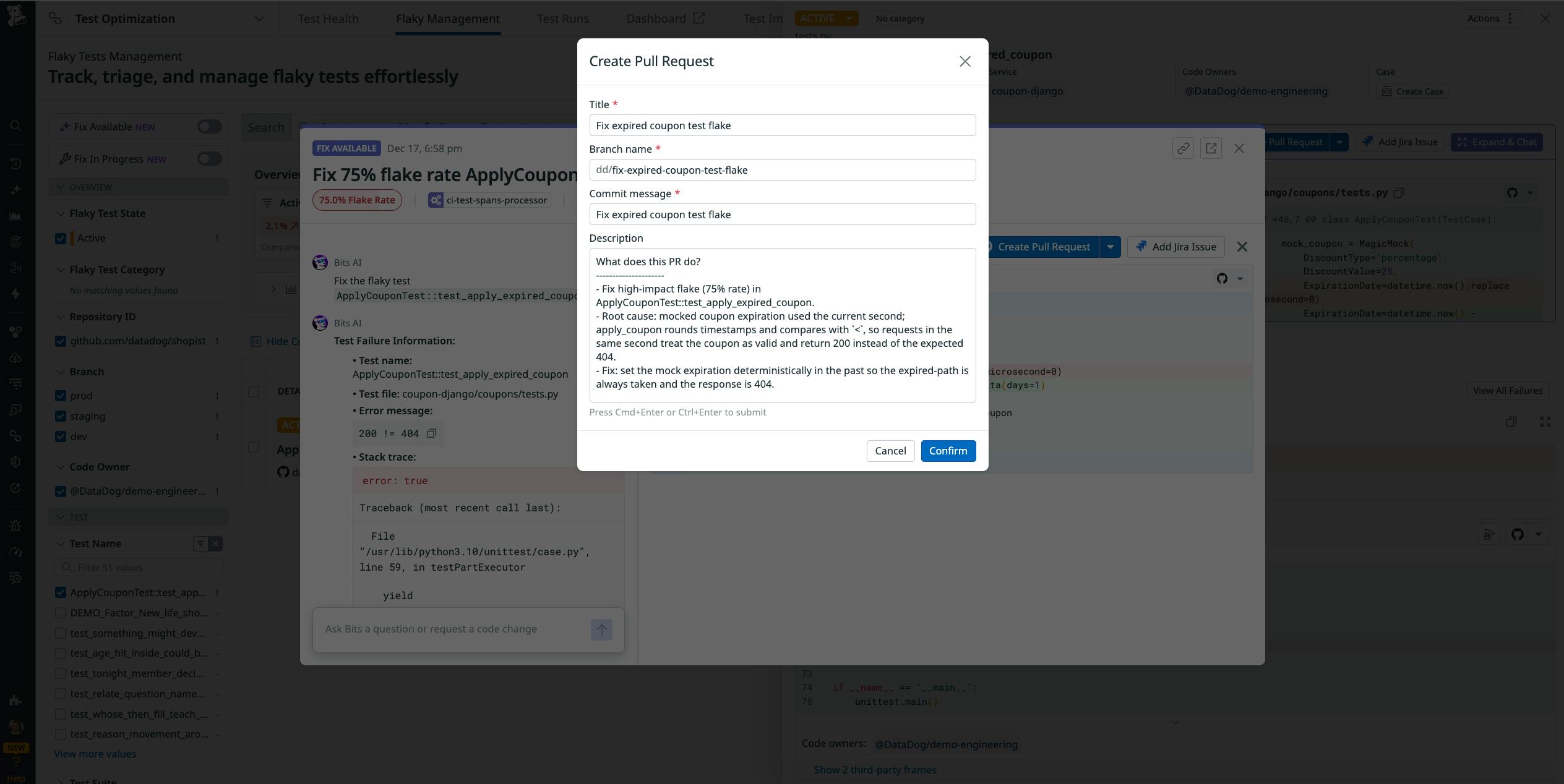 A screenshot showing a PR automatically generated from a flaky test discovered by Bits AI.