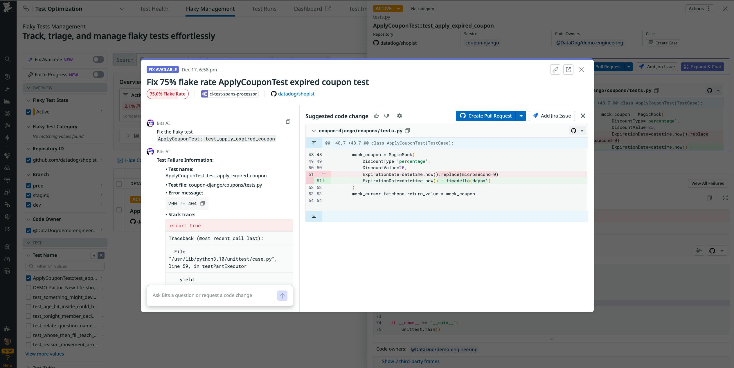 A screenshot showing a flaky test and a suggested fix from the Bits AI Dev Agent.
