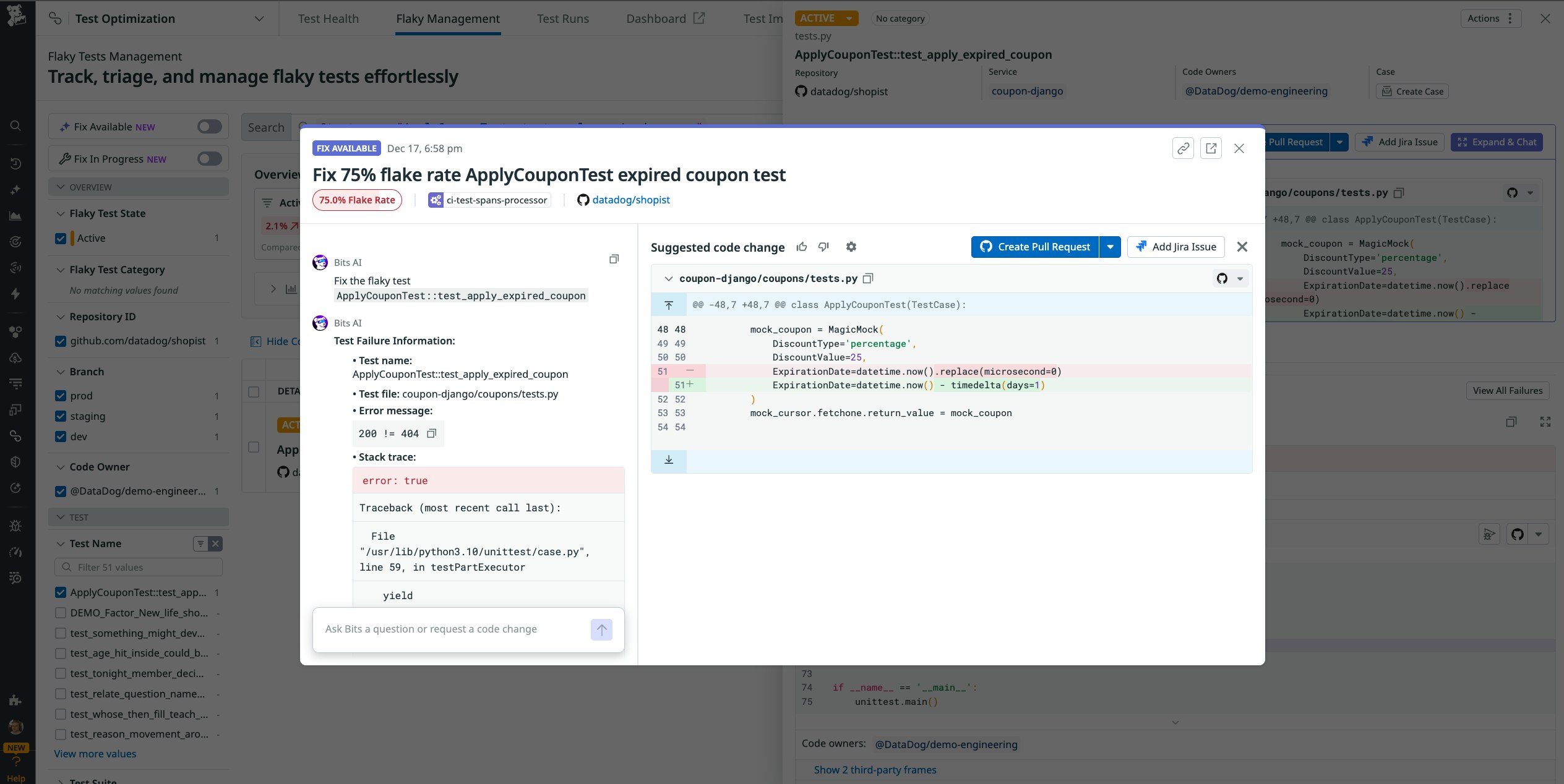 A screenshot showing a flaky test and a suggested fix from the Bits AI Dev Agent. A screenshot showing a flaky test and a suggested fix from the Bits AI Dev Agent.