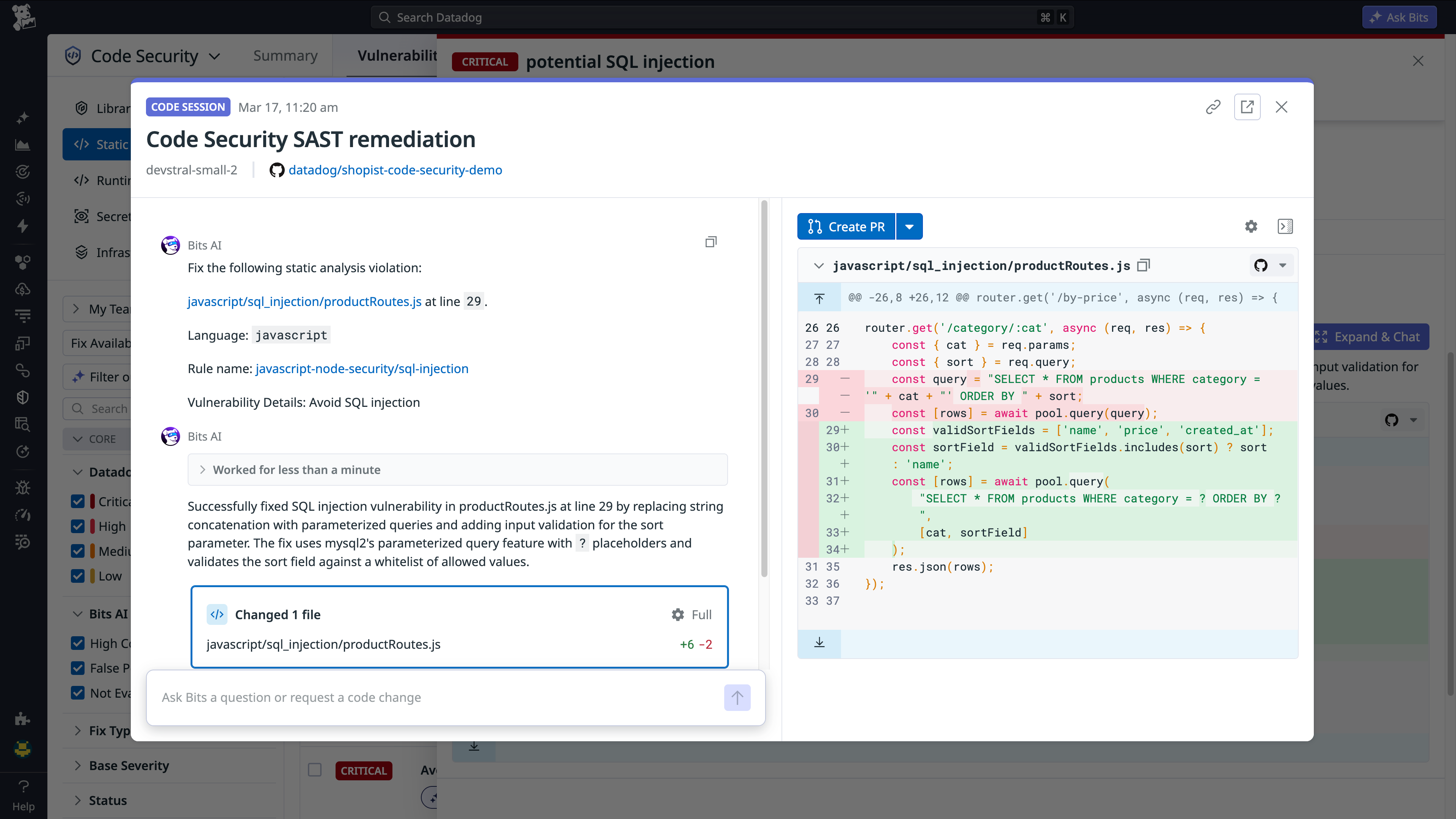 Bits AI SAST remediation session showing an SQL injection fix with a code diff in productRoutes.js. Bits AI SAST remediation session showing an SQL injection fix with a code diff in productRoutes.js.