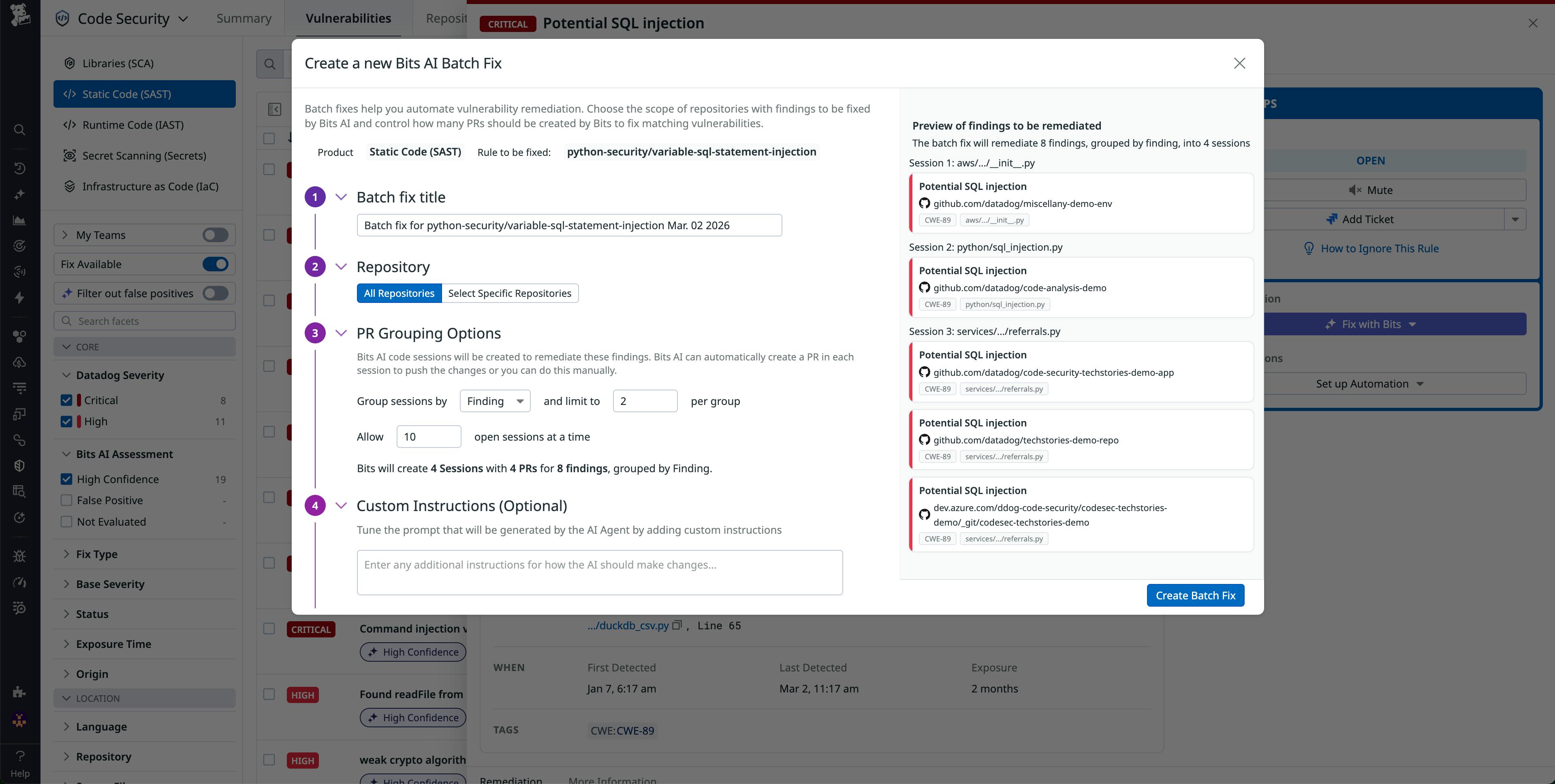 Create a new Bits AI Batch Fix modal showing PR grouping options and a preview of findings to remediate.