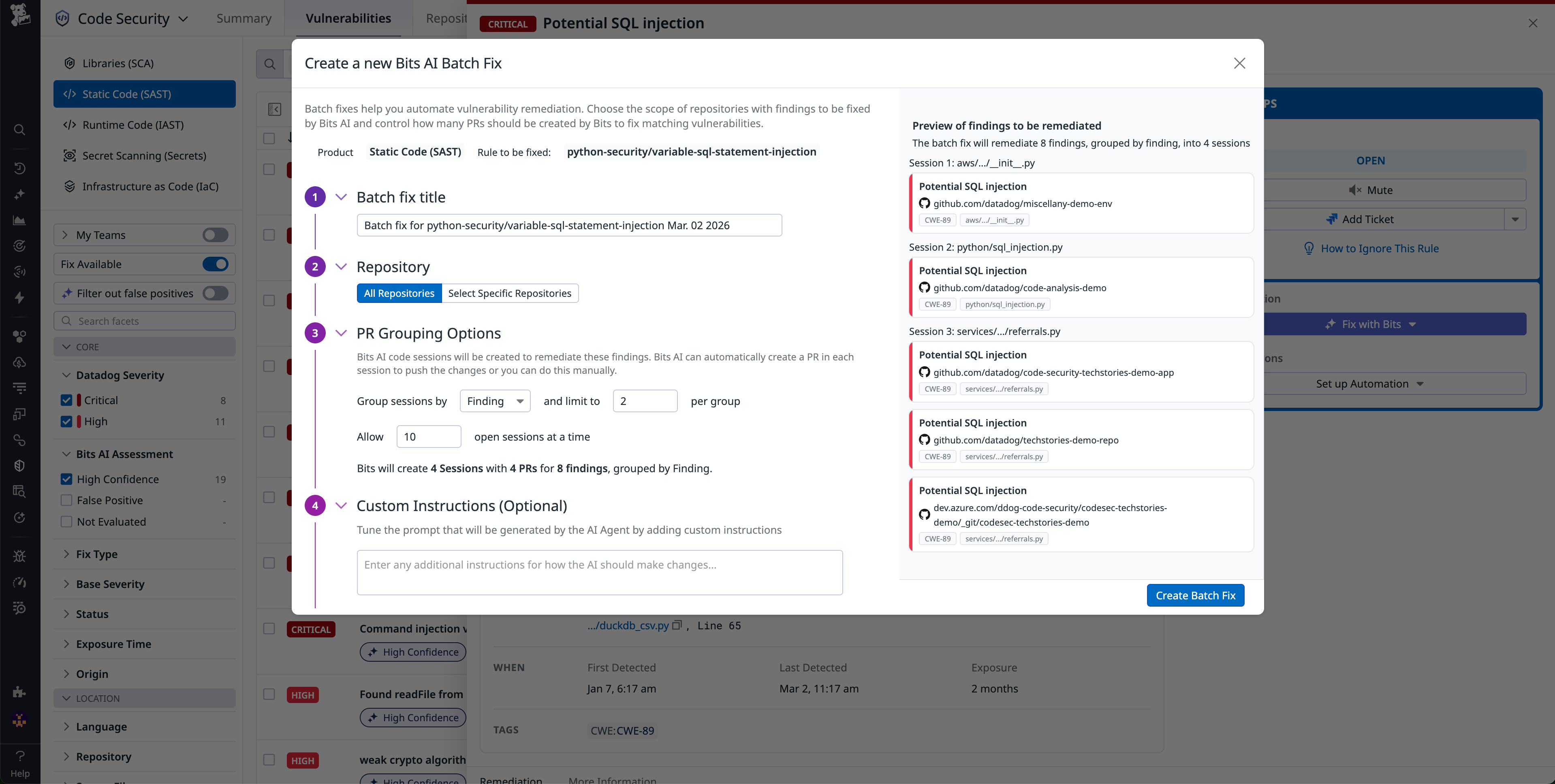 Create a new Bits AI Batch Fix modal showing PR grouping options and a preview of findings to remediate. Create a new Bits AI Batch Fix modal showing PR grouping options and a preview of findings to remediate.