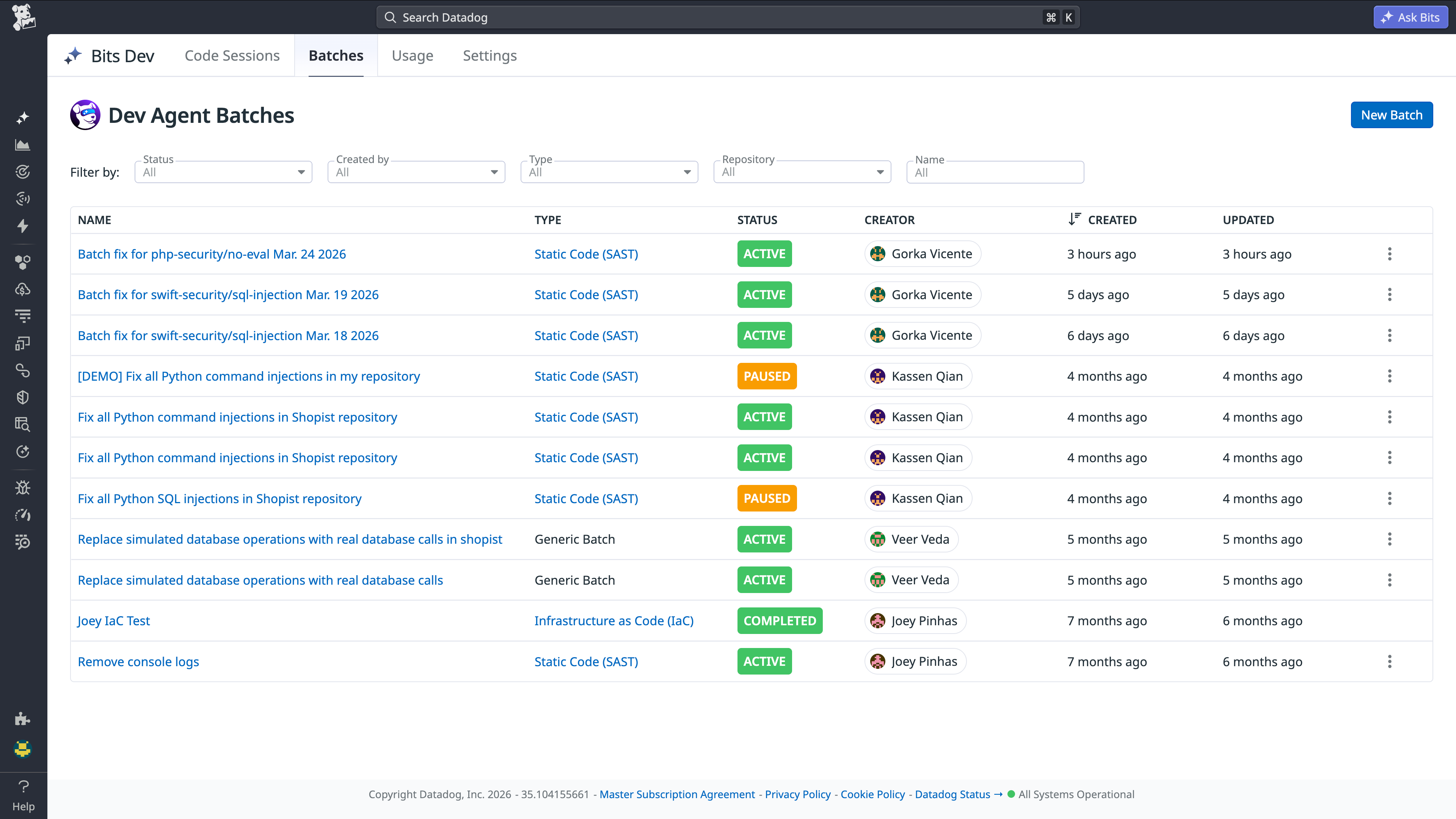 Dev Agent Batches list showing multiple active and paused SAST batch fixes with creator and status details. Dev Agent Batches list showing multiple active and paused SAST batch fixes with creator and status details.