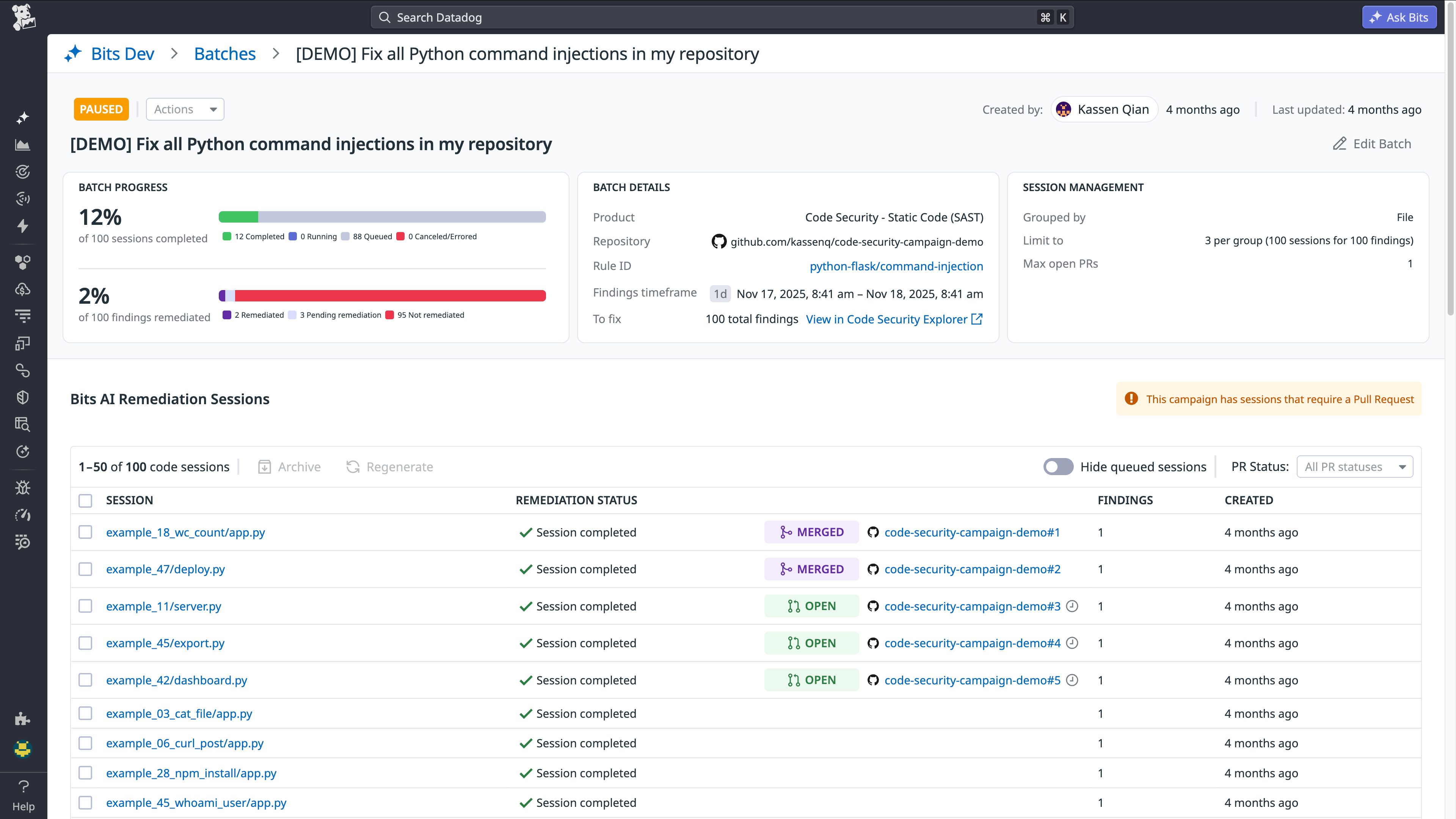 Batch detail view showing session progress, remediation status, and PR states for a Python command injection fix campaign. Batch detail view showing session progress, remediation status, and PR states for a Python command injection fix campaign.
