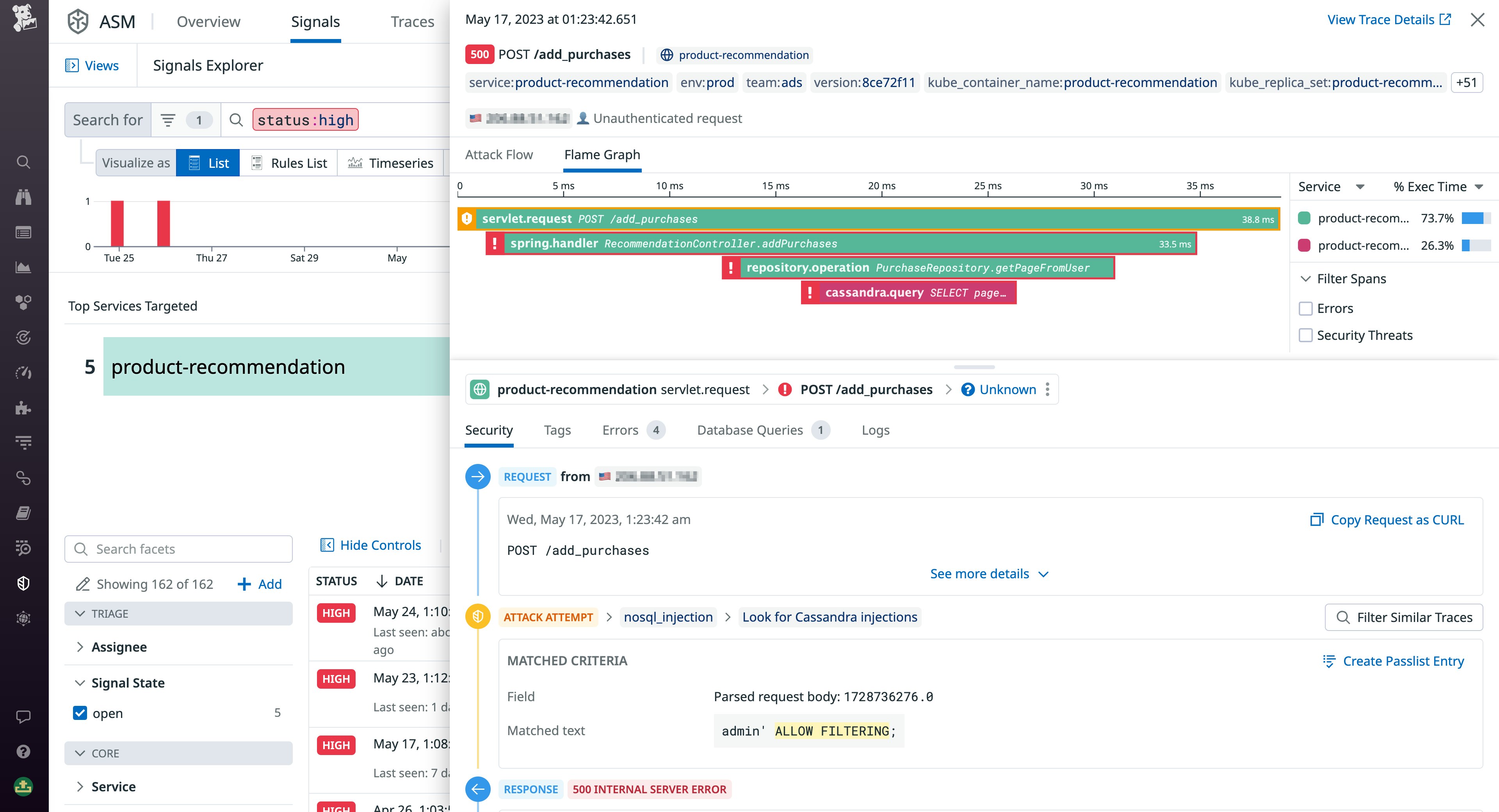 View forensics from attackers' requests within distributed traces. View forensics from attackers' requests within distributed traces.