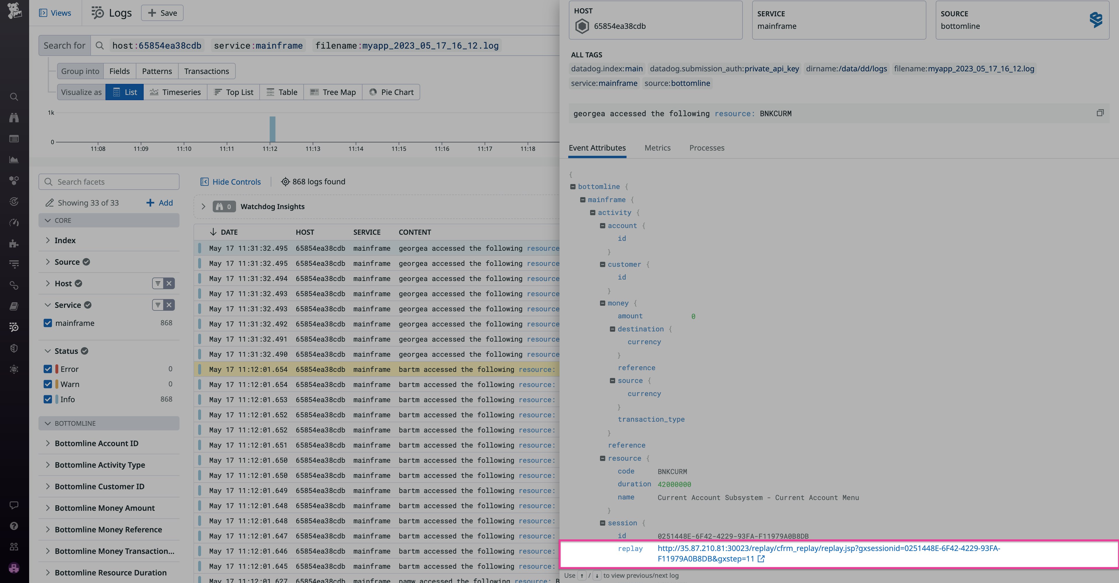Datadog logs link directly to Bottomline Record and Replay Datadog logs link directly to Bottomline Record and Replay