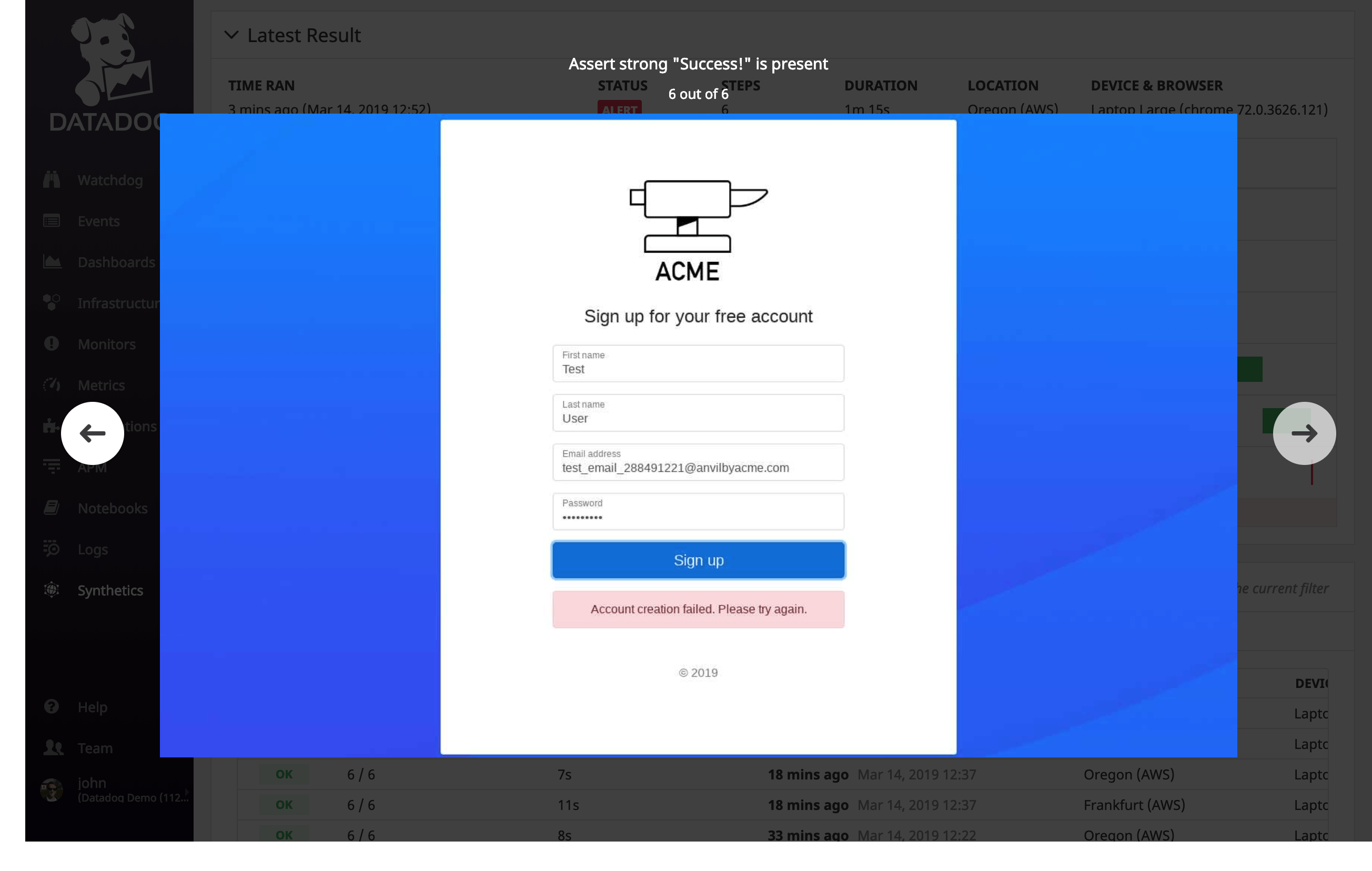 Datadog browser tests automatically display context for troubleshooting Datadog browser tests automatically display context for troubleshooting