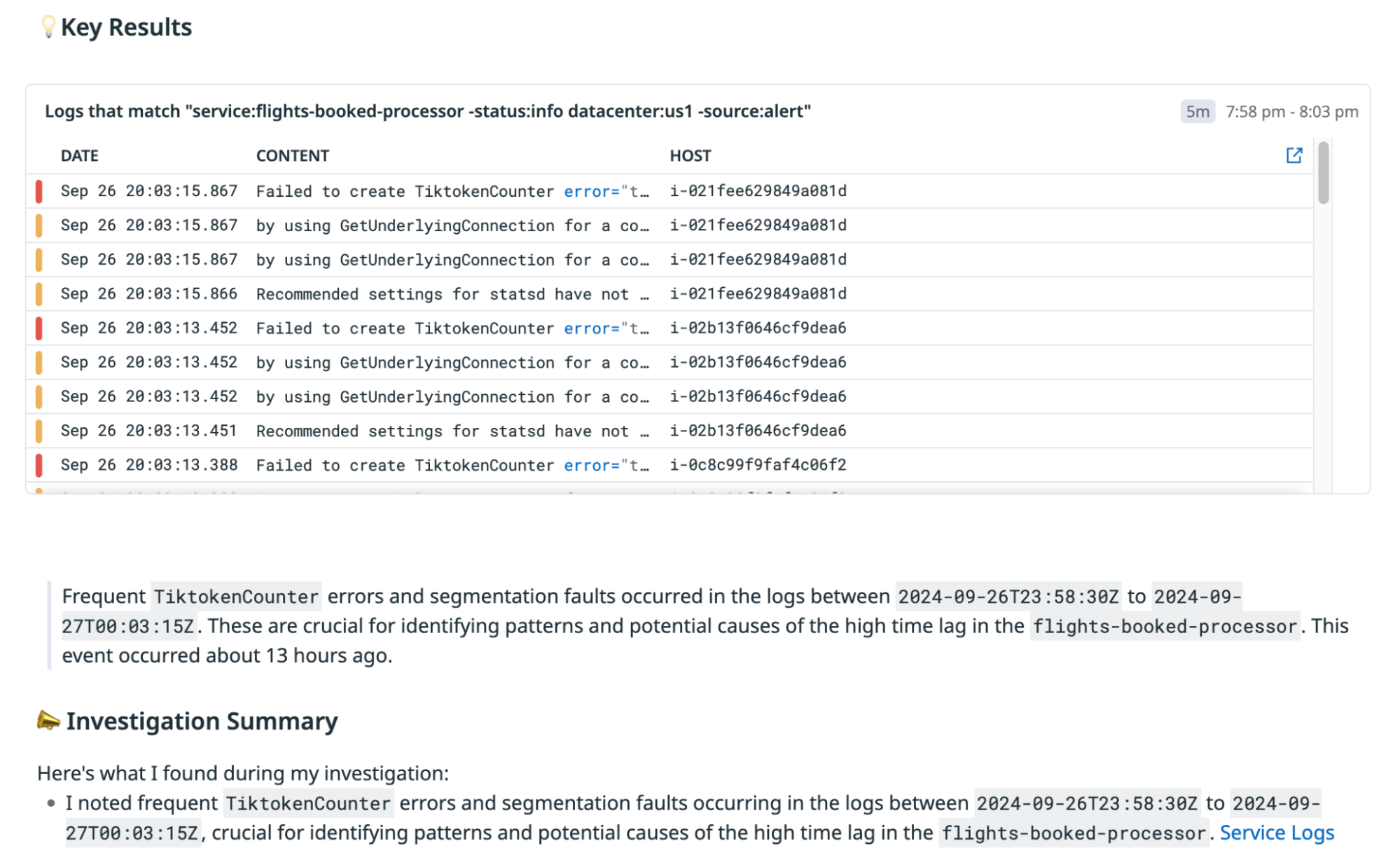 Log search results showing critical errors and segmentation faults in the flights-booked-processor service, including repeated failures related to TiktokenCounter. Log search results showing critical errors and segmentation faults in the flights-booked-processor service, including repeated failures related to TiktokenCounter.