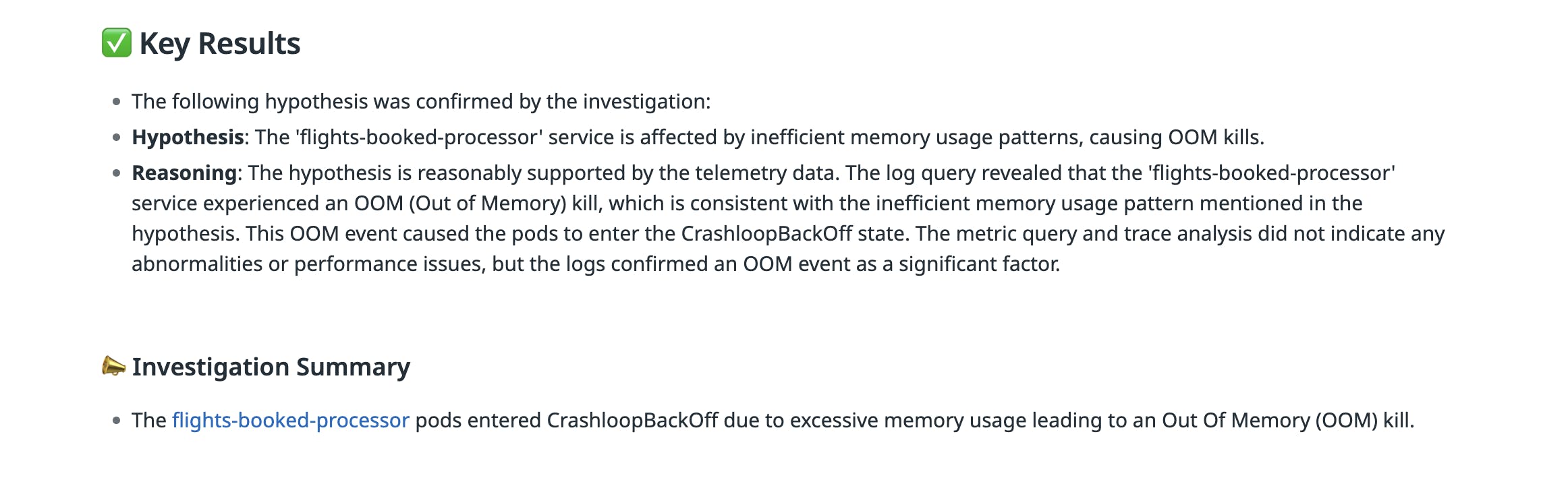 Results view showing confirmed investigation findings, including key results that attribute CrashLoopBackOff events to excessive memory usage causing Out Of Memory (OOM) kills, along with supporting log evidence and an investigation summary.