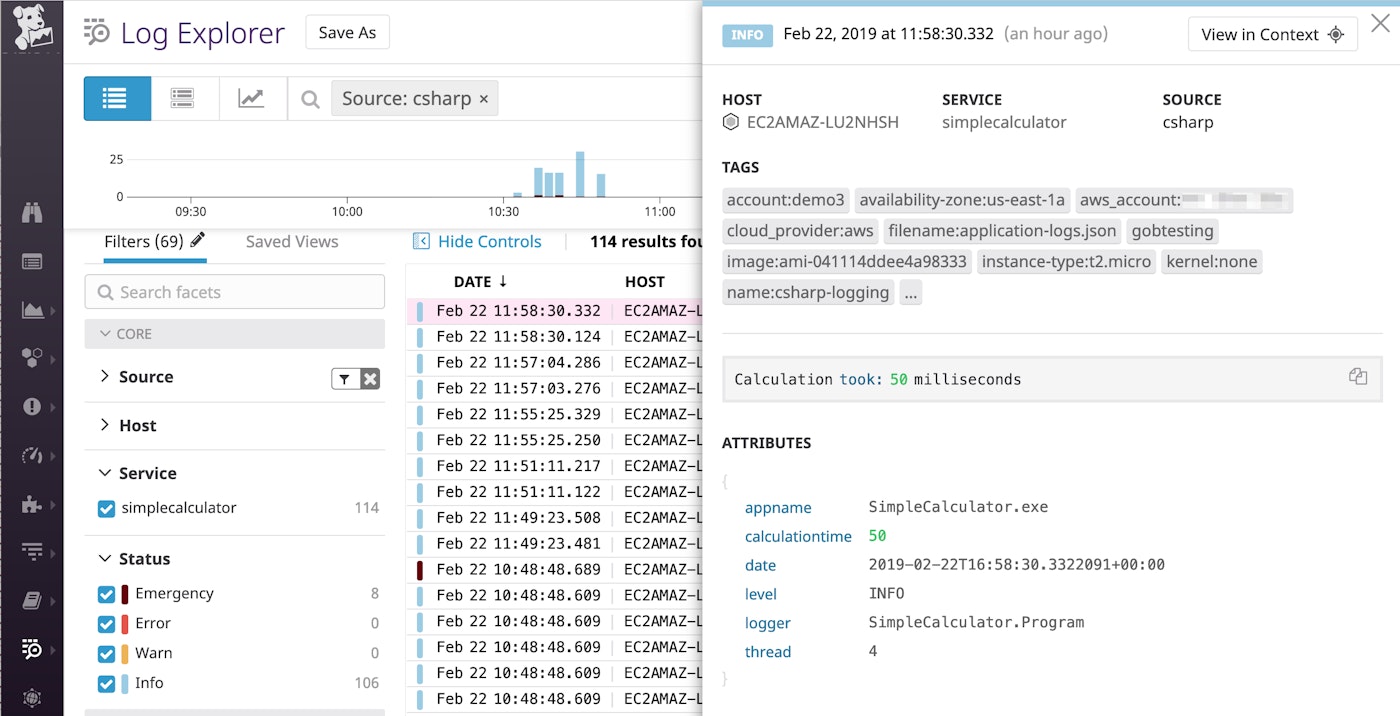 Capturing custom JSON attributes in your C# log with log4net and then sending to datadog for monitoring. Capturing custom JSON attributes in your C# log with log4net and then sending to datadog for monitoring.