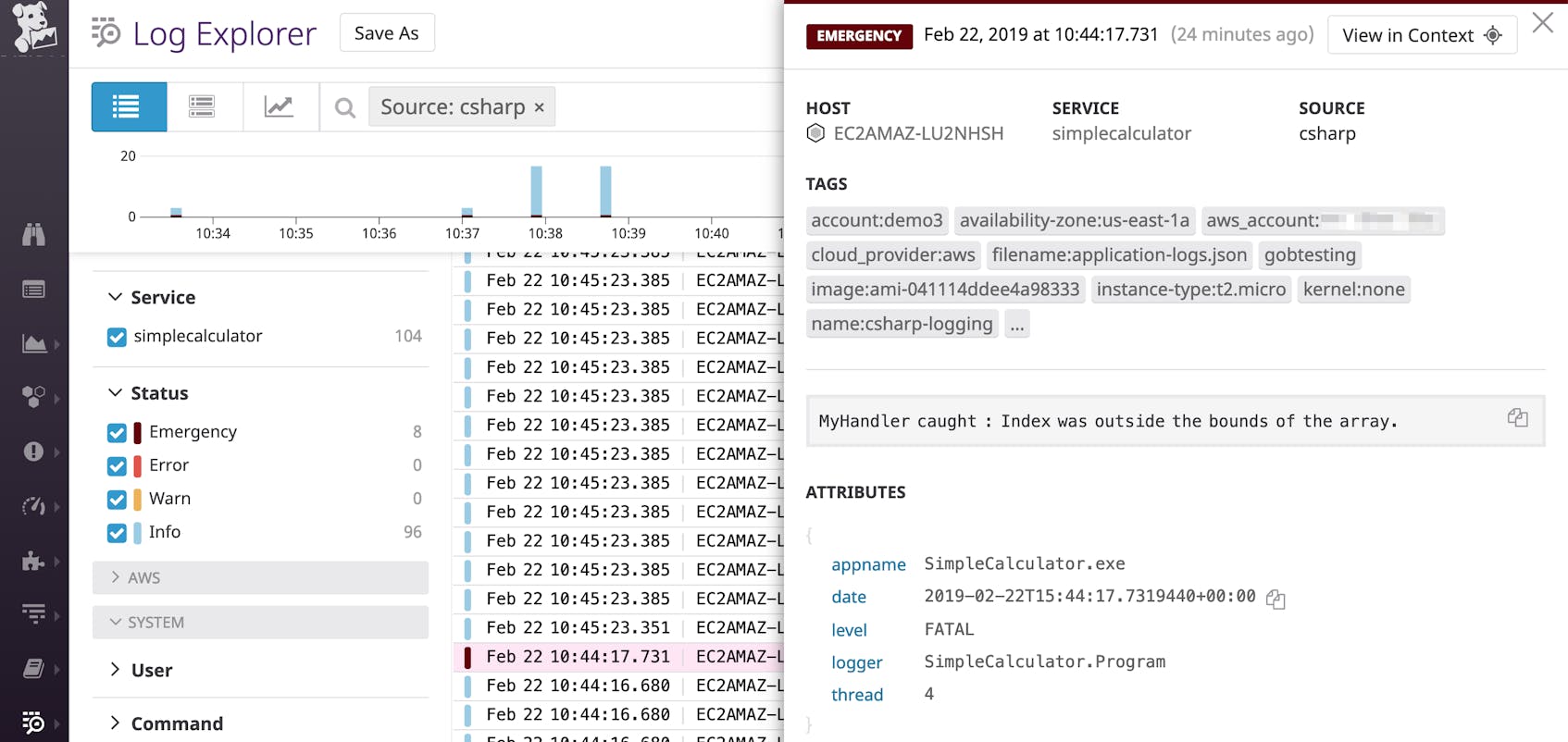 Monitoring C# exception logs with Datadog.