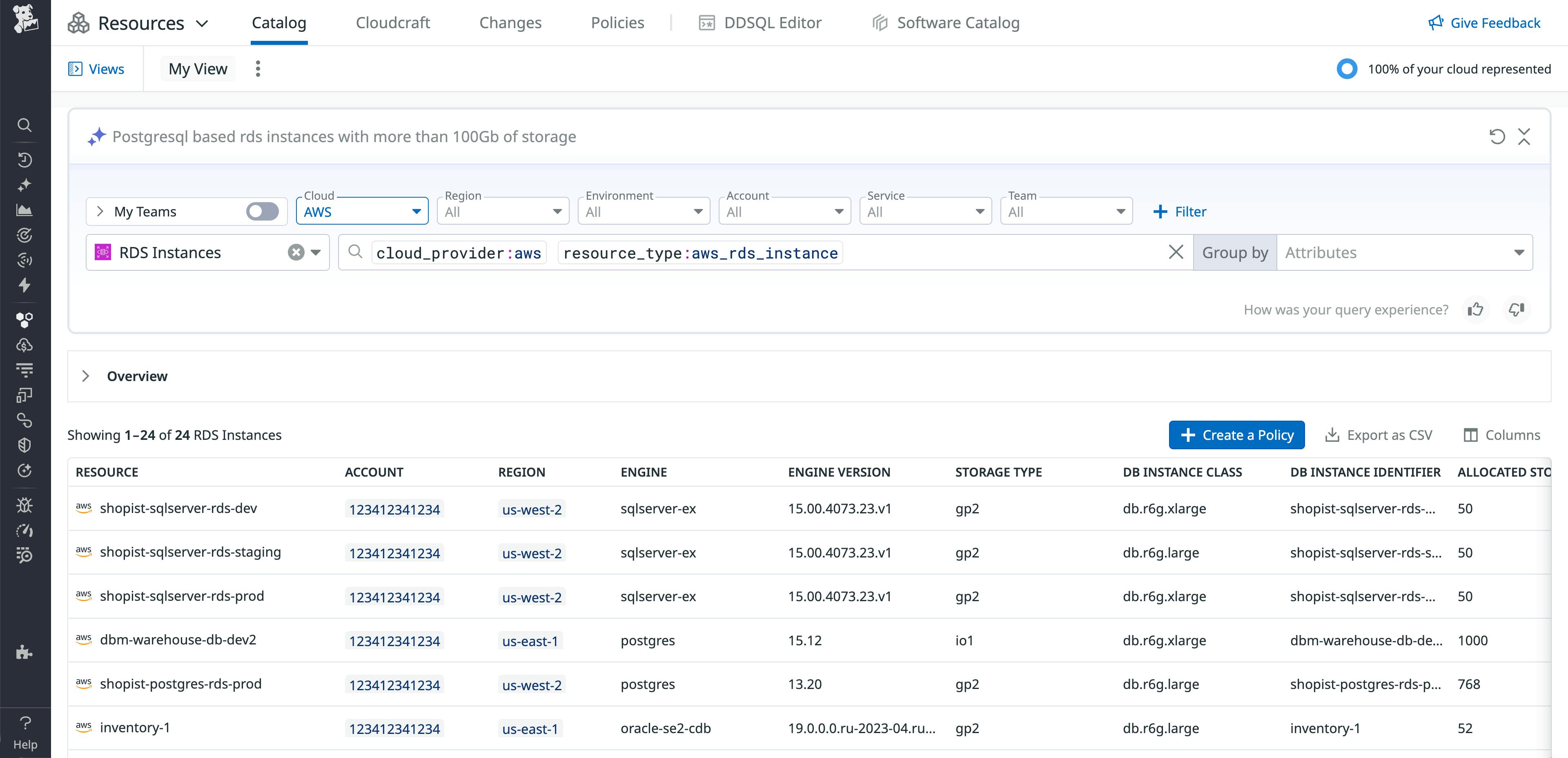 Datadog Resource Catalog view showing current RDS instance configurations.