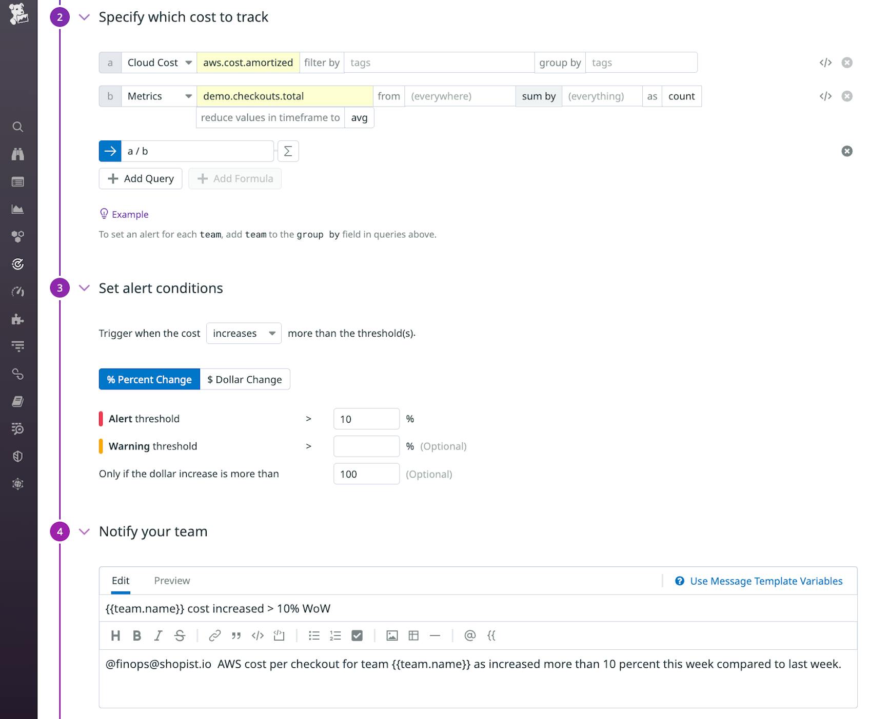 A screenshot shows a cost monitor that will alert if the average cost of a checkout rises more than 10 percent, but only if the average cost is more than 100 dollars.