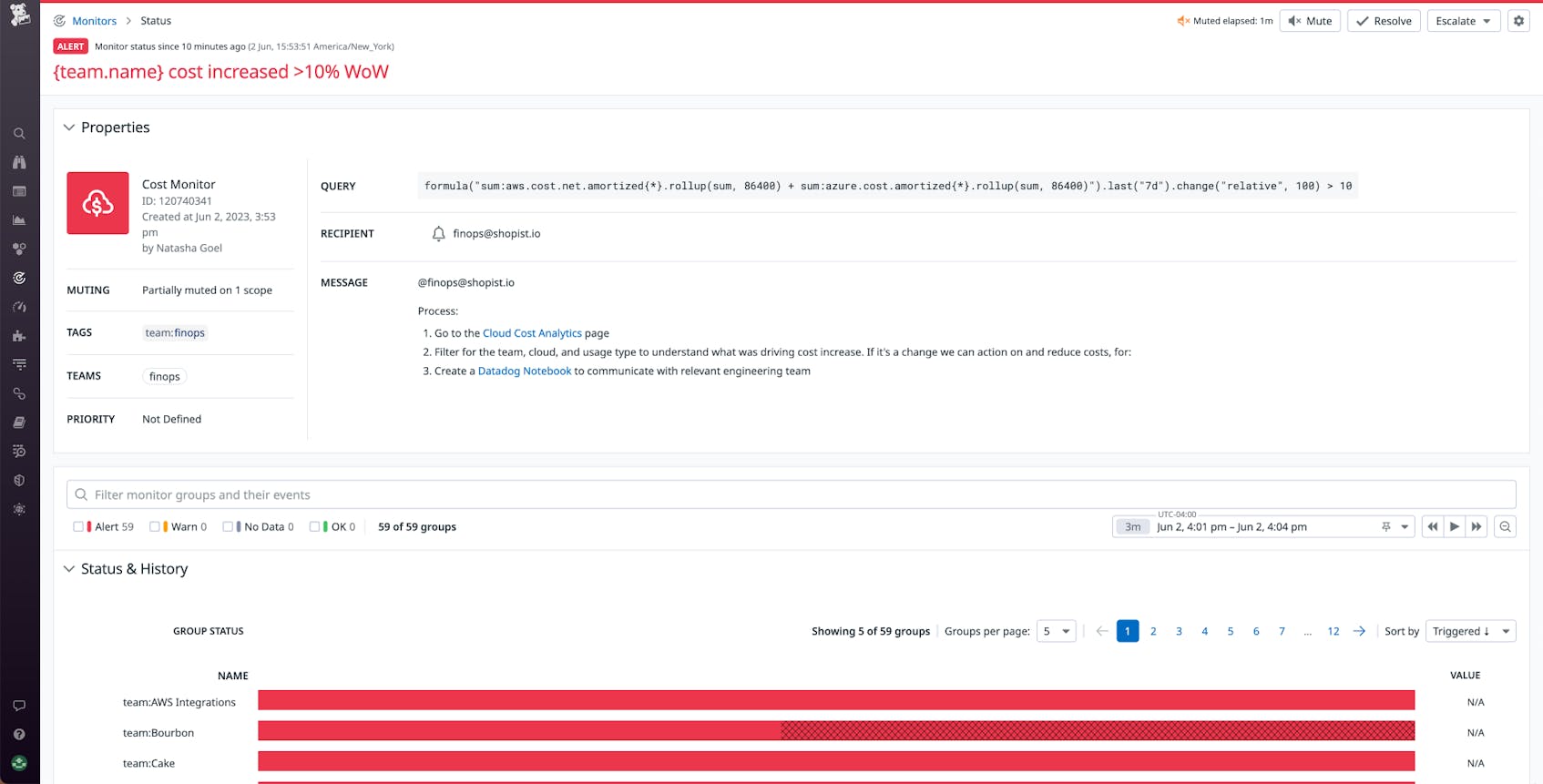 The monitor status page shows the alert history of a single monitor that groups costs using the team tag.