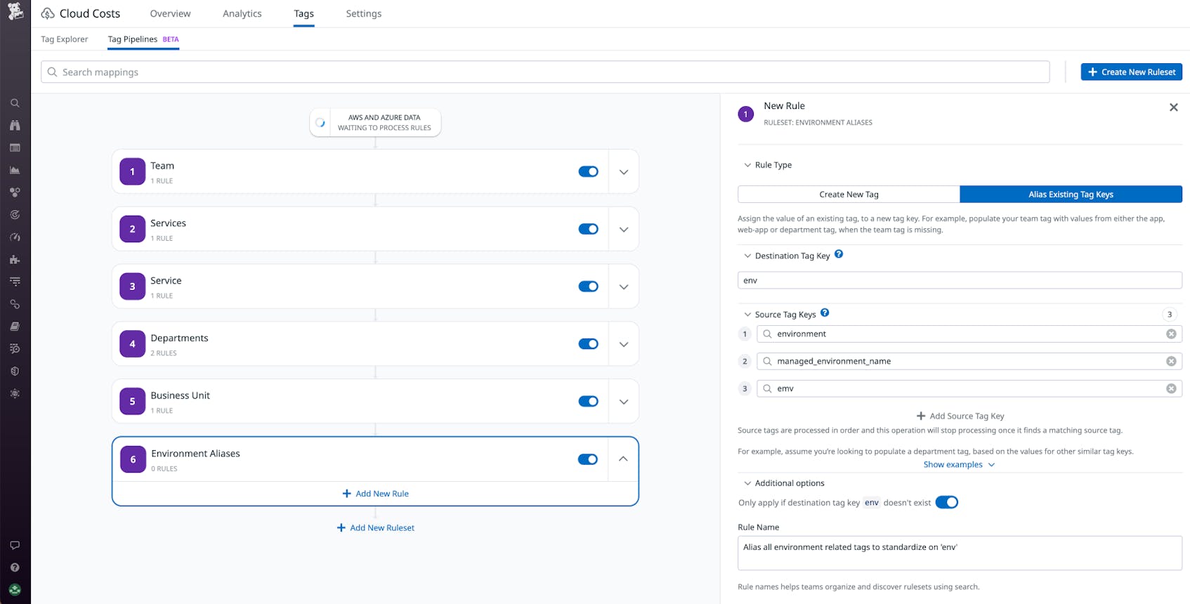 The Tag Pipelines page shows a new rule that watched for three different tag keys and aliases them to use a standard key.