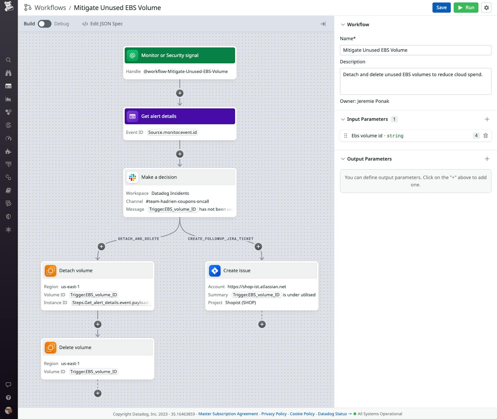 A screenshot illustrates the flow of a Workflow Automation and describes its steps for sending a Slack message, creating a Jira ticket, and detaching and deleting an EBS volume.