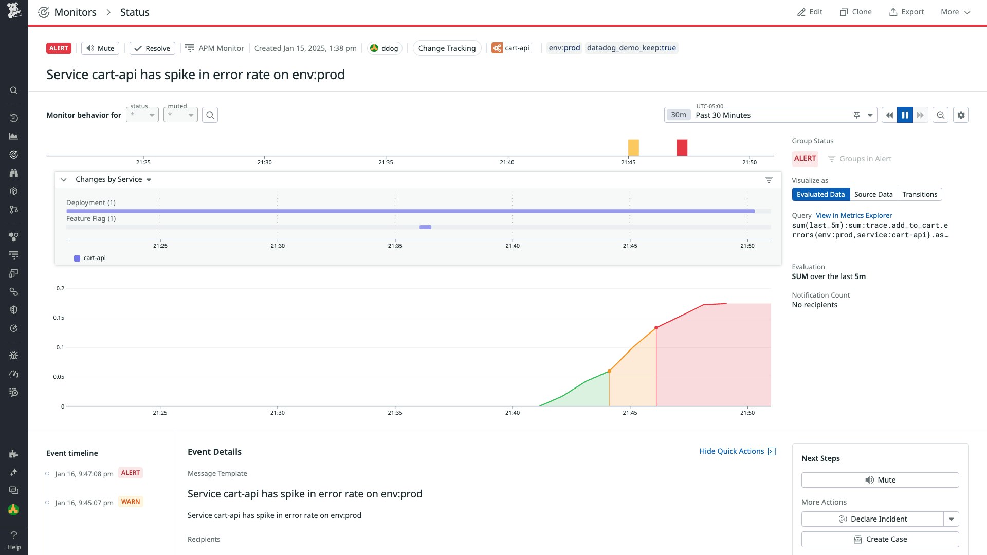 A monitor status page shows the deployment change and feature flag change, along with an event timeline and event details. A monitor status page shows the deployment change and feature flag change, along with an event timeline and event details.
