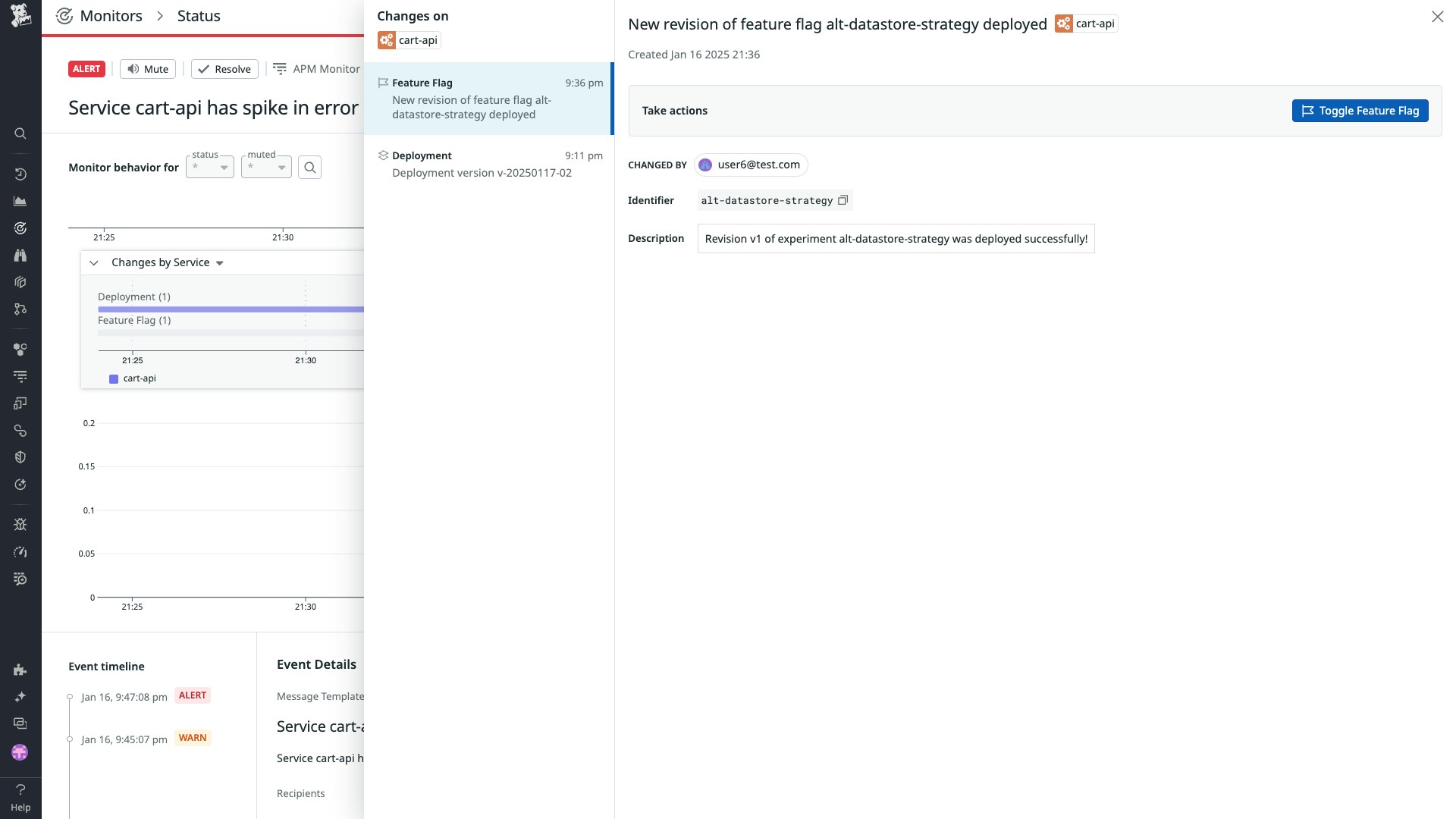 The side panel shows more details about the feature flag change, including the user who made the change, an identifier, and a description. The side panel shows more details about the feature flag change, including the user who made the change, an identifier, and a description.