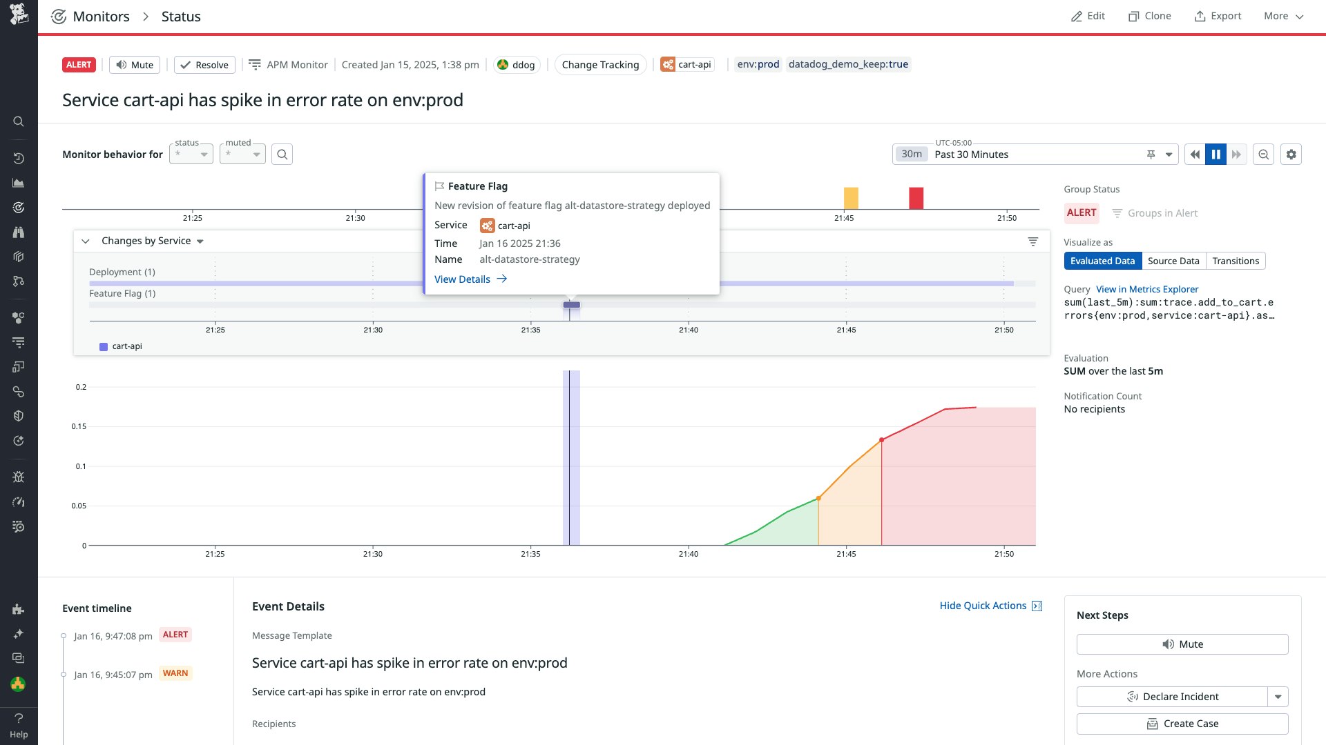 A monitor status page shows the name, timestamp, and associate service for a feature flag change. A monitor status page shows the name, timestamp, and associate service for a feature flag change.
