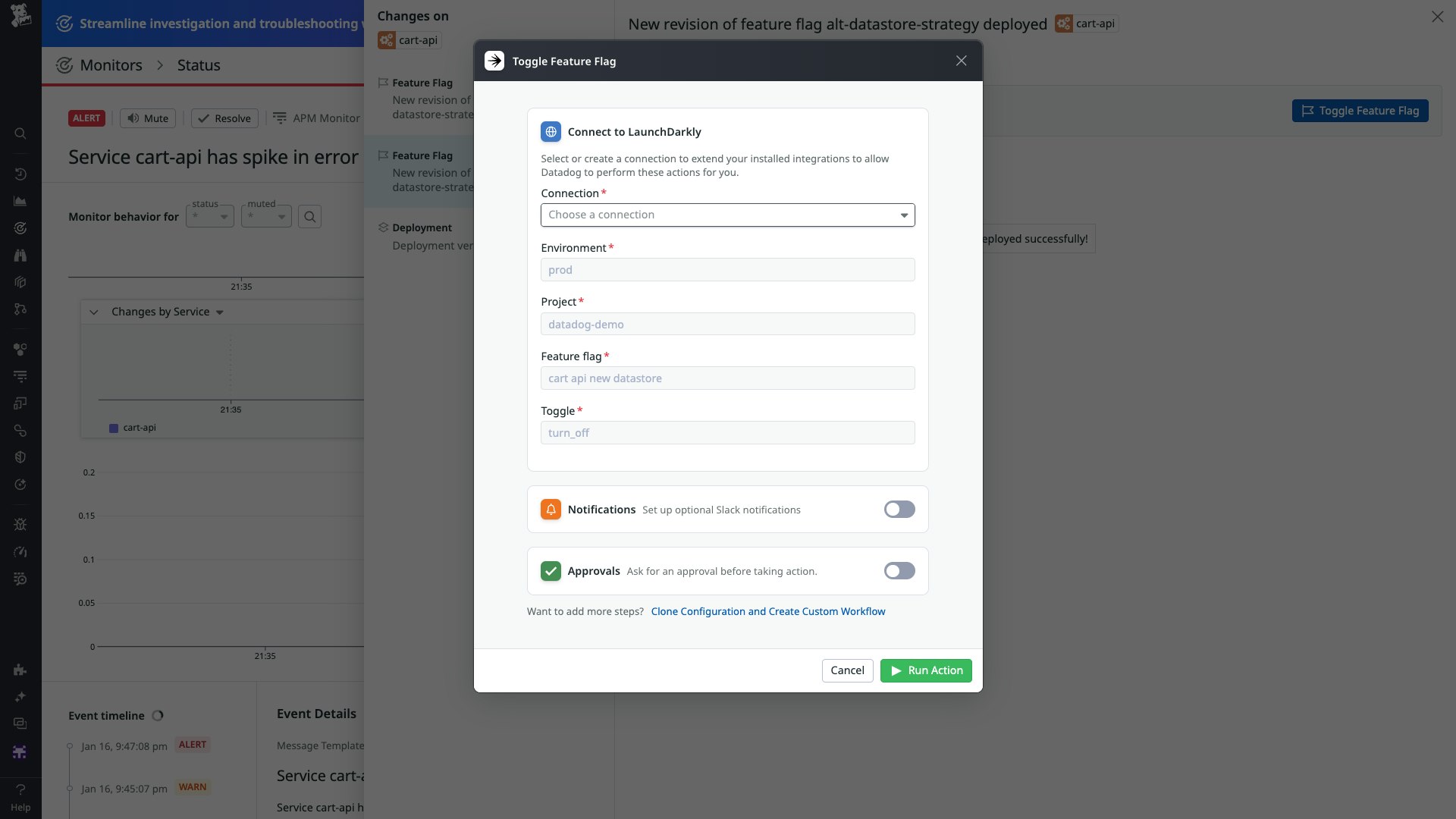 A configuration screen provides the option to connect to LaunchDarkly and toggle off the feature flag. The screen also presents options to toggle on Slack notifications and action approvals. A configuration screen provides the option to connect to LaunchDarkly and toggle off the feature flag. The screen also presents options to toggle on Slack notifications and action approvals.