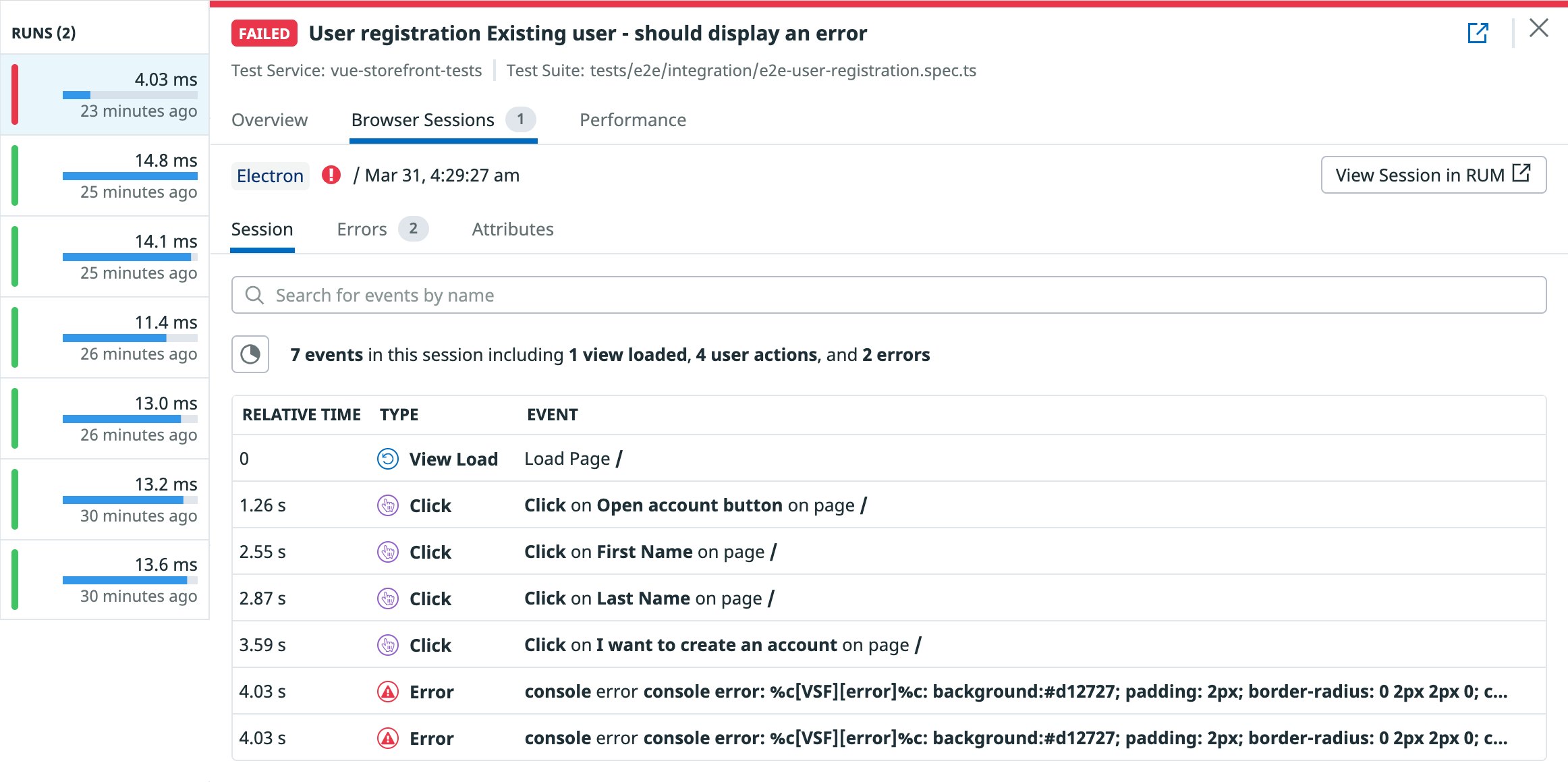 The CI Visibility Browser Sessions tab shows the events—page load, clicks, and errors—that make up a test. The CI Visibility Browser Sessions tab shows the events—page load, clicks, and errors—that make up a test.