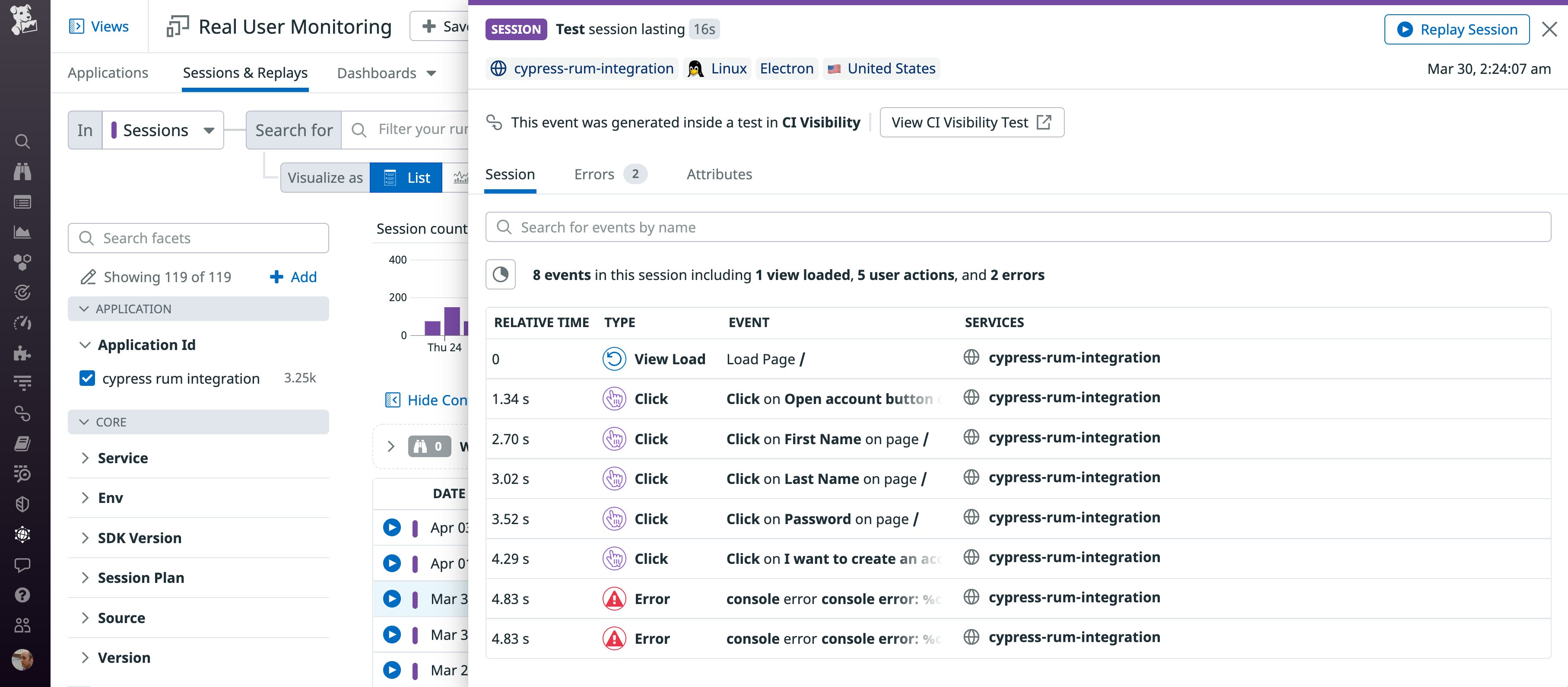 The RUM session view shows the events of a test and includes a button to view the test inside CI Visibility. The RUM session view shows the events of a test and includes a button to view the test inside CI Visibility.