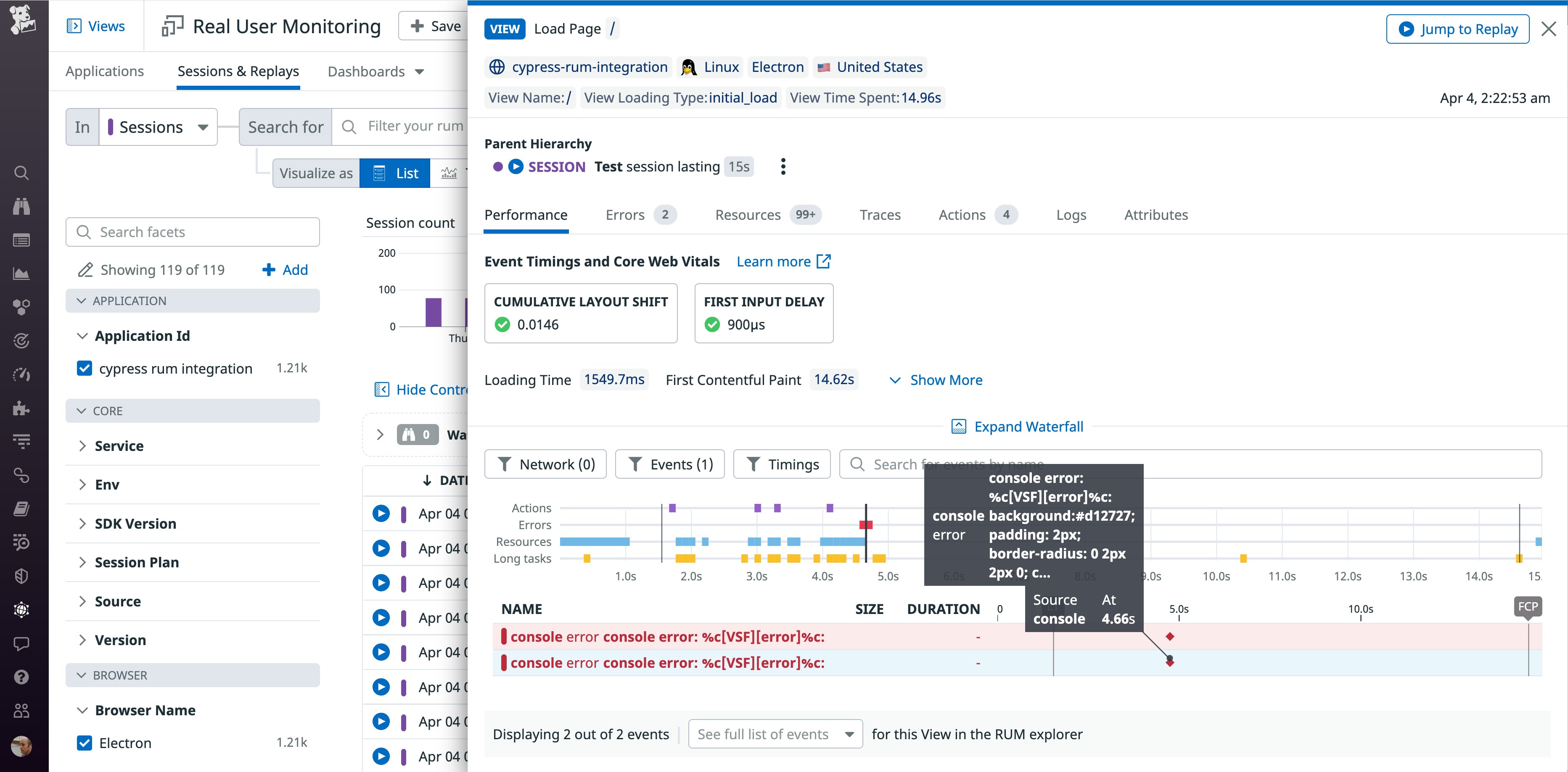 A screenshot shows the RUM view filtered to display all errors in a session. A screenshot shows the RUM view filtered to display all errors in a session.