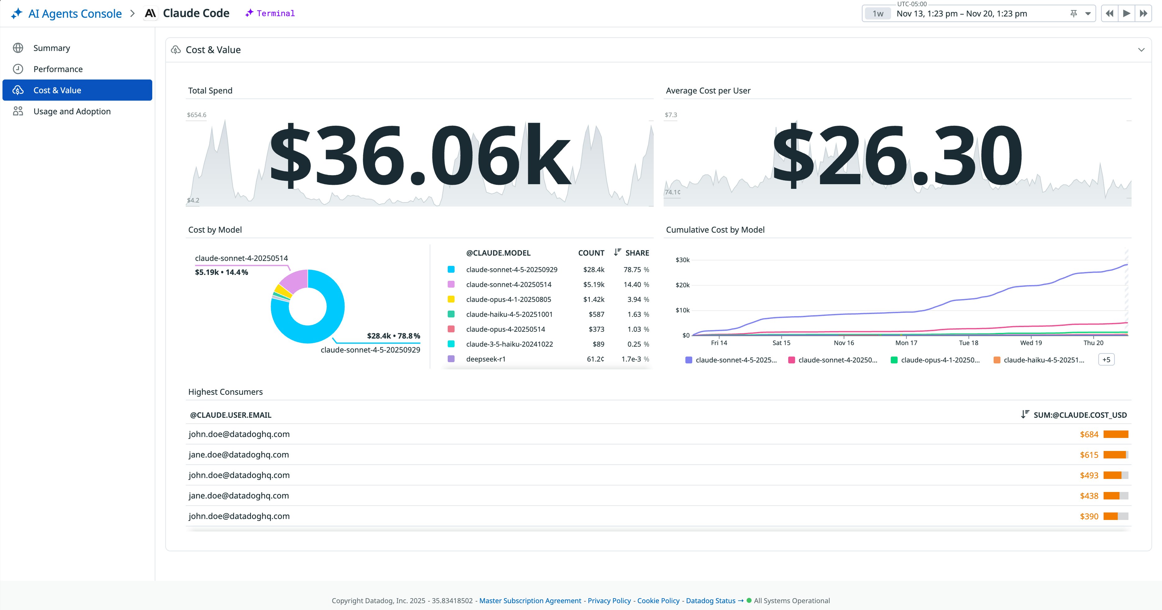 Claude Code cost metrics in the AI Agents Console. Claude Code cost metrics in the AI Agents Console.
