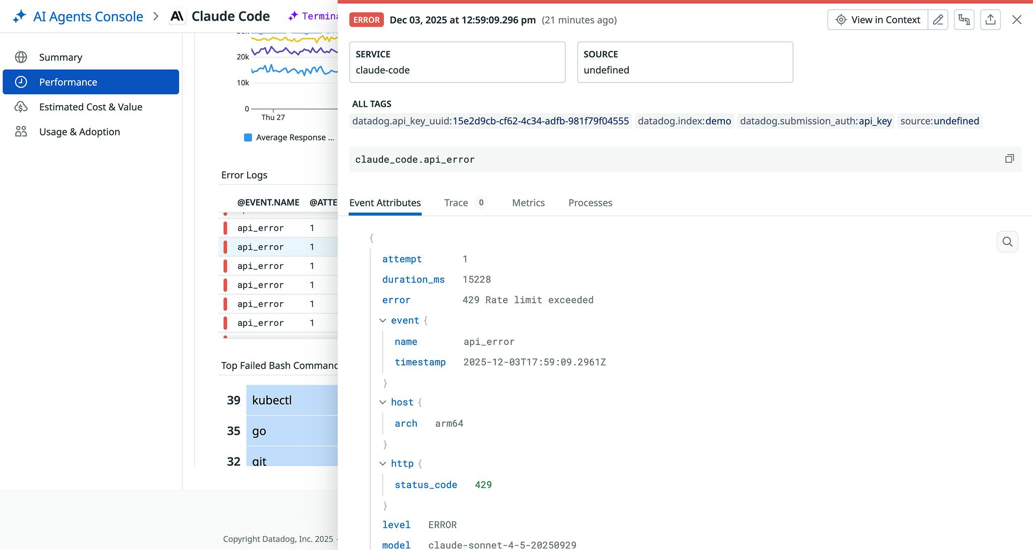 Correlated error log helping with Claude Code metrics investigation in the AI Agents Console.