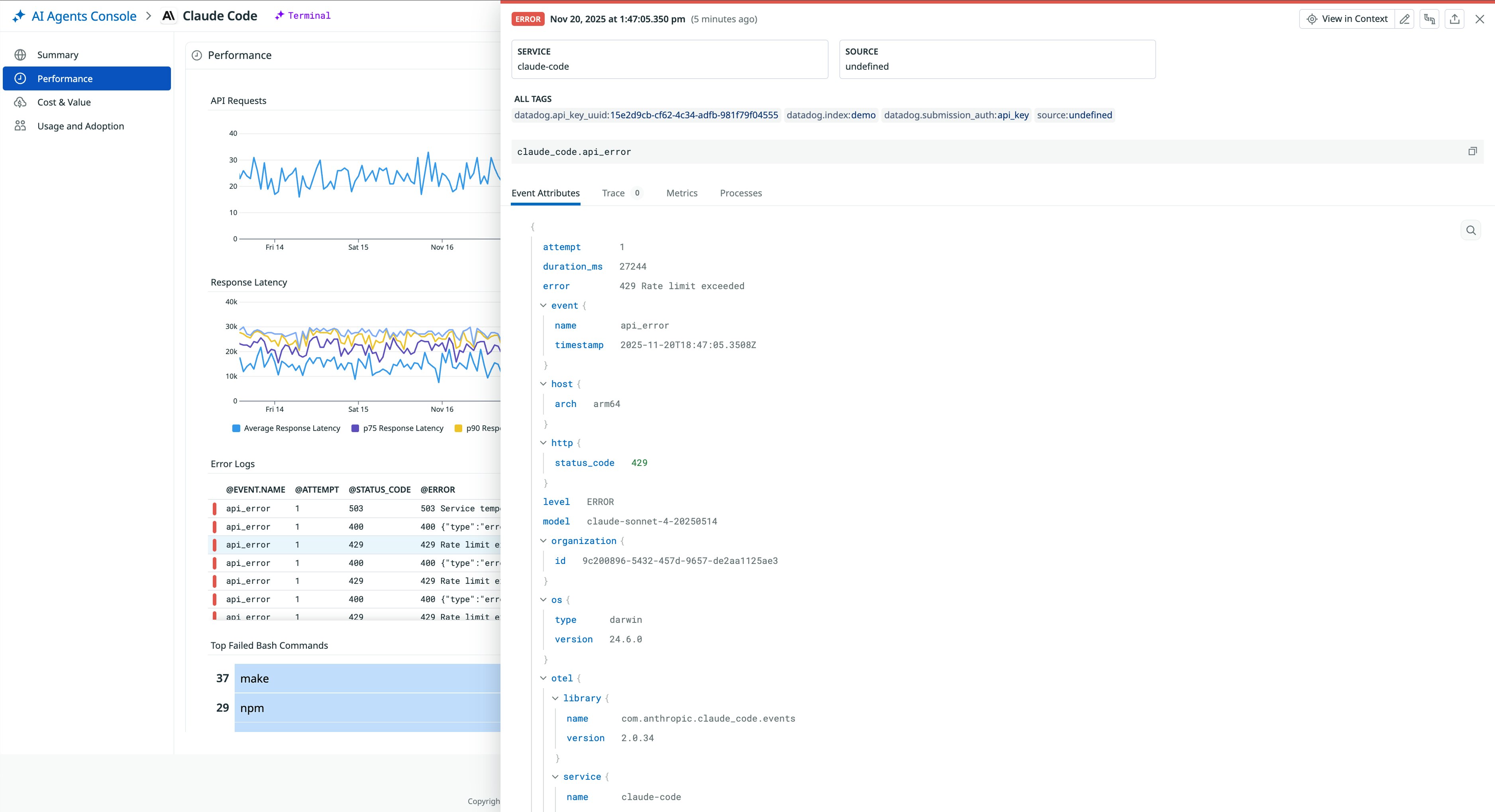 Correlated error log helping with Claude Code metrics investigation in the AI Agents Console. Correlated error log helping with Claude Code metrics investigation in the AI Agents Console.
