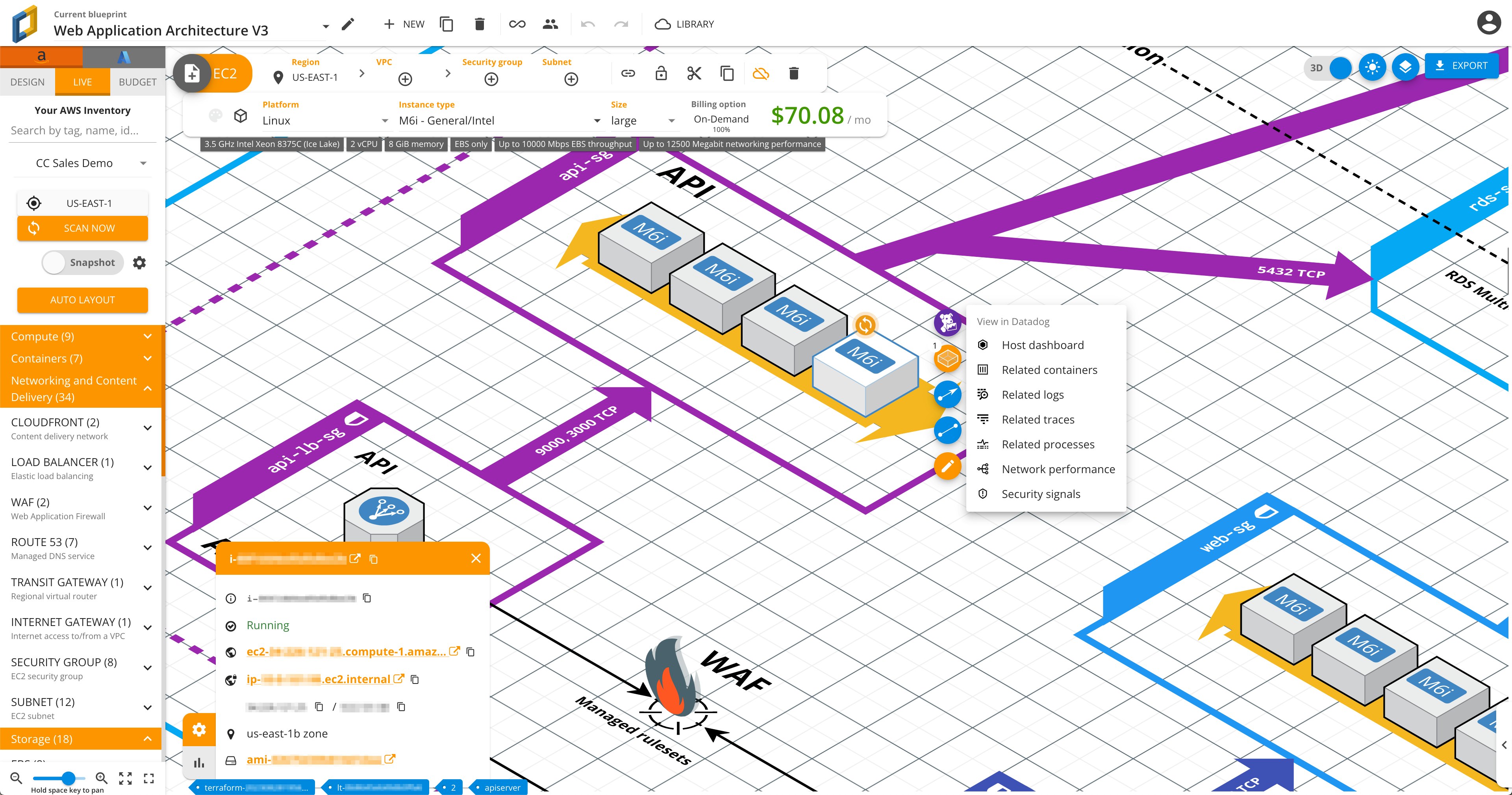 Pivot between Cloudcraft and Datadog to get live monitoring data for the resources in your diagram. Pivot between Cloudcraft and Datadog to get live monitoring data for the resources in your diagram.