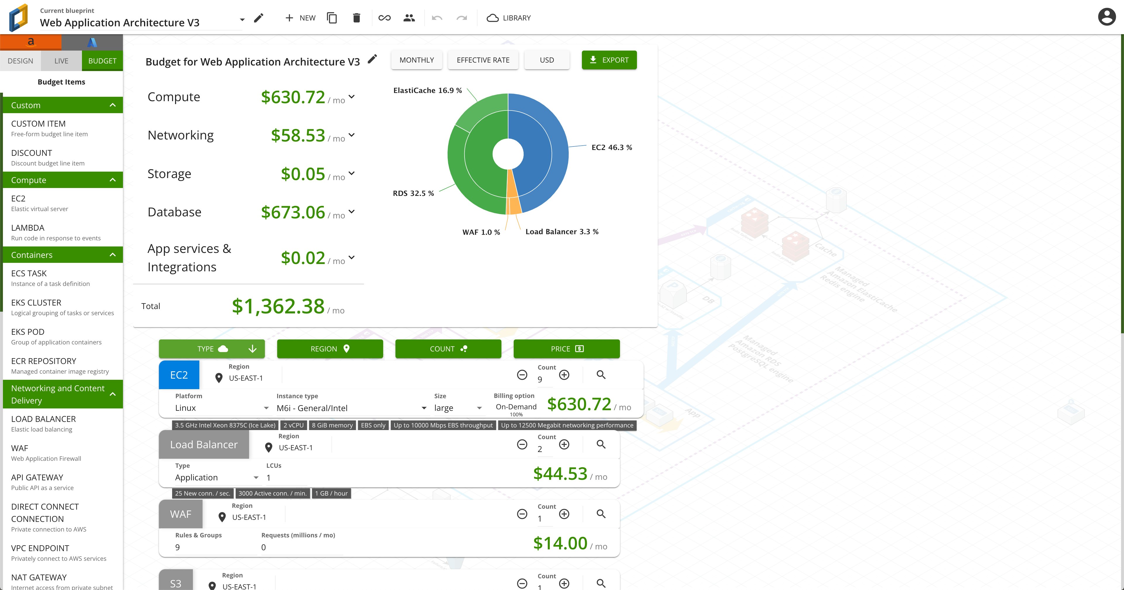 View the projected cost of all the resources in your diagram with Cloudcraft Budget. View the projected cost of all the resources in your diagram with Cloudcraft Budget.