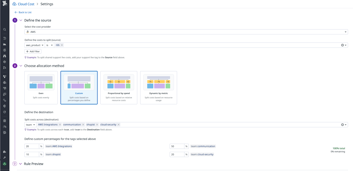 A custom allocation rule that splits AWS costs across four teams. A custom allocation rule that splits AWS costs across four teams.