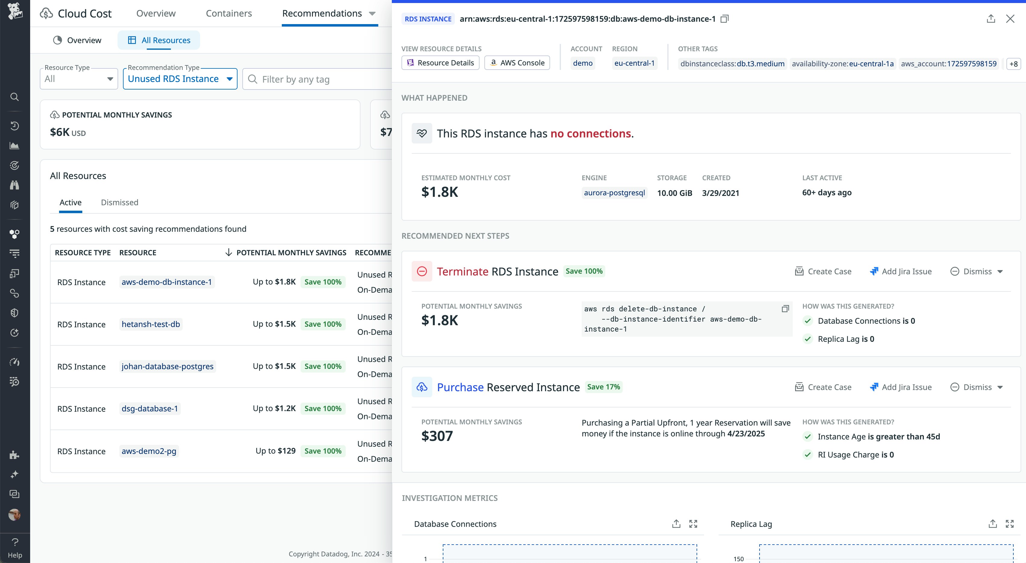 Datadog Cloud Costs Recommendations page showing a recommendation to terminate an unused RDS instance, estimating a potential monthly savings of $1,800. Datadog Cloud Costs Recommendations page showing a recommendation to terminate an unused RDS instance, estimating a potential monthly savings of $1,800.